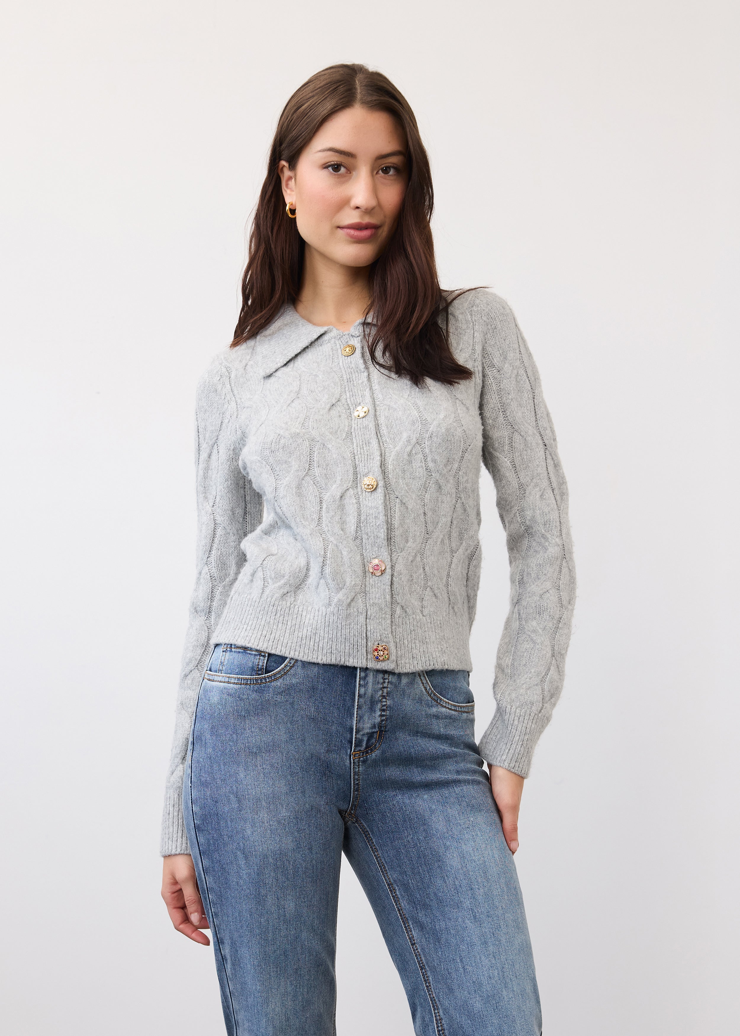 Front view of gray cabled cardigan with button closure and neat collar by French Dressing Jeans (FDJ)