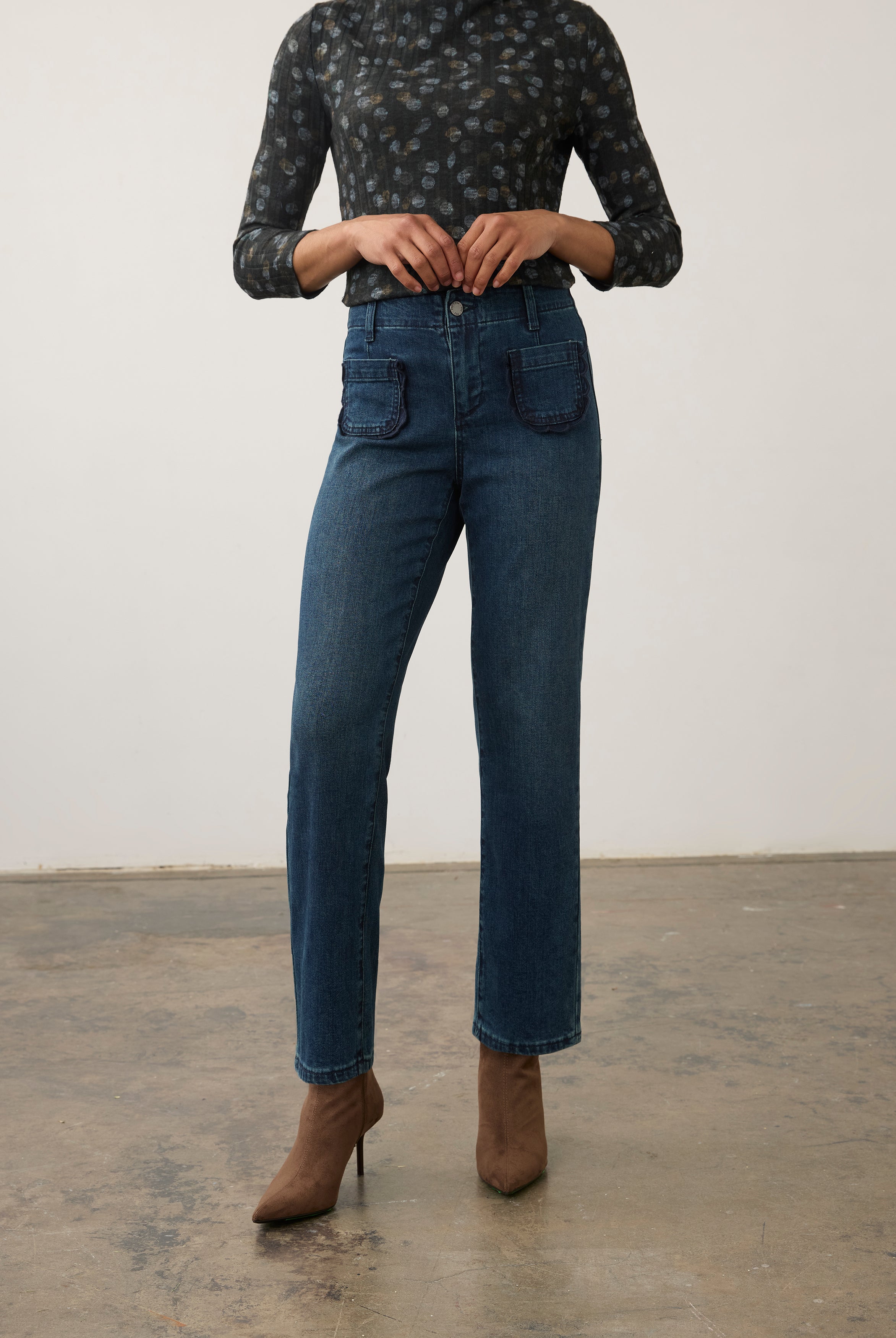 Front view of dark wash denim pants with high-rise waist and large front patch pockets by French Dressing Jeans (FDJ) par French Dressing Jeans (FDJ)