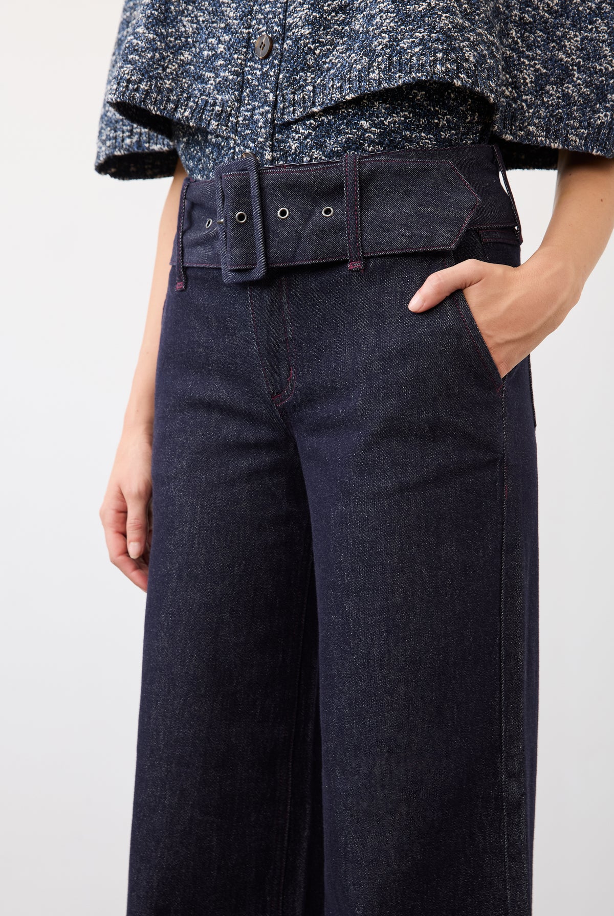 Close-up front detail of Suzanne pant in blueberry with high-rise and sleek pockets by French Dressing Jeans (FDJ)