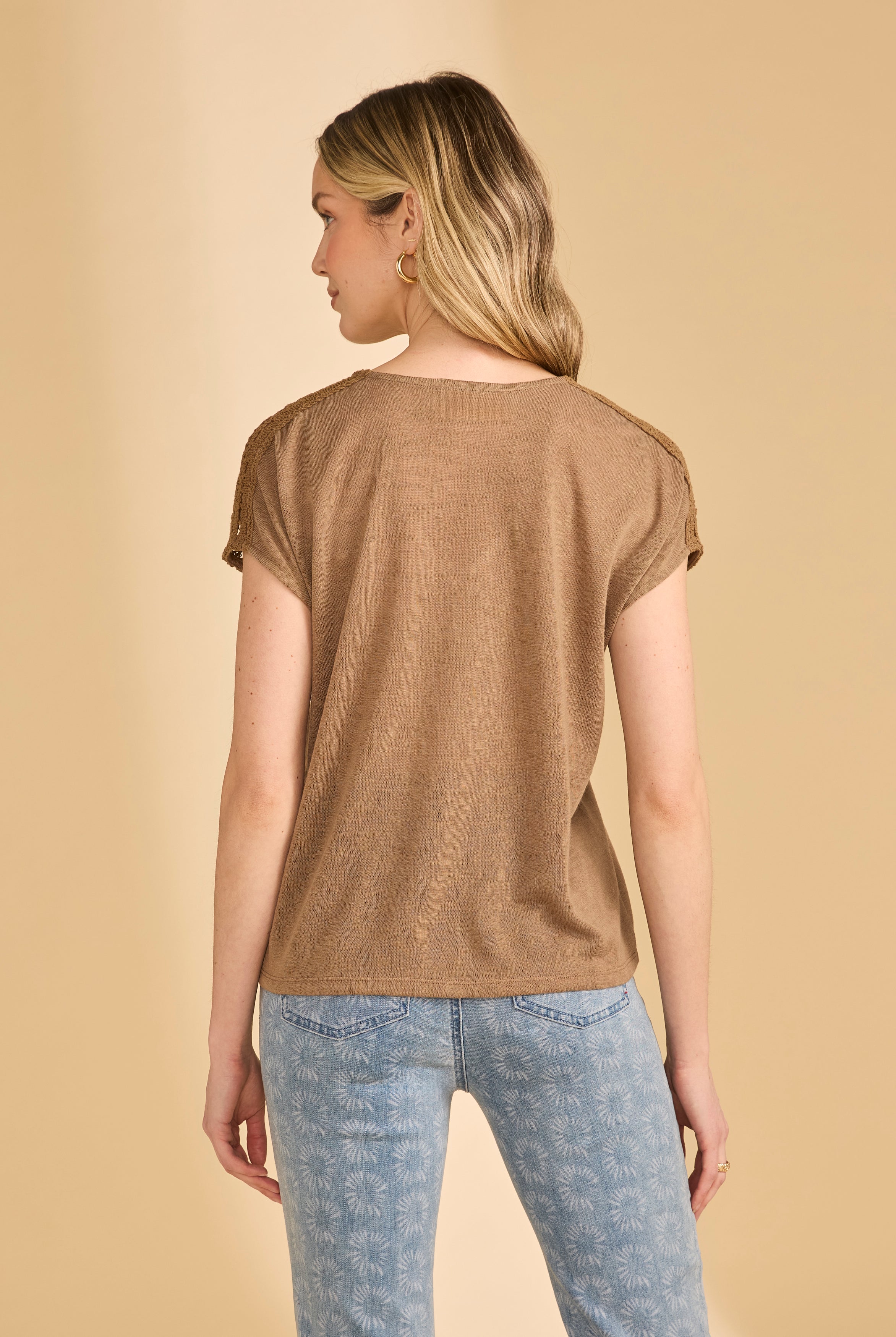 Back view of brown V-neck top showcasing crochet shoulder details by French Dressing Jeans (FDJ)