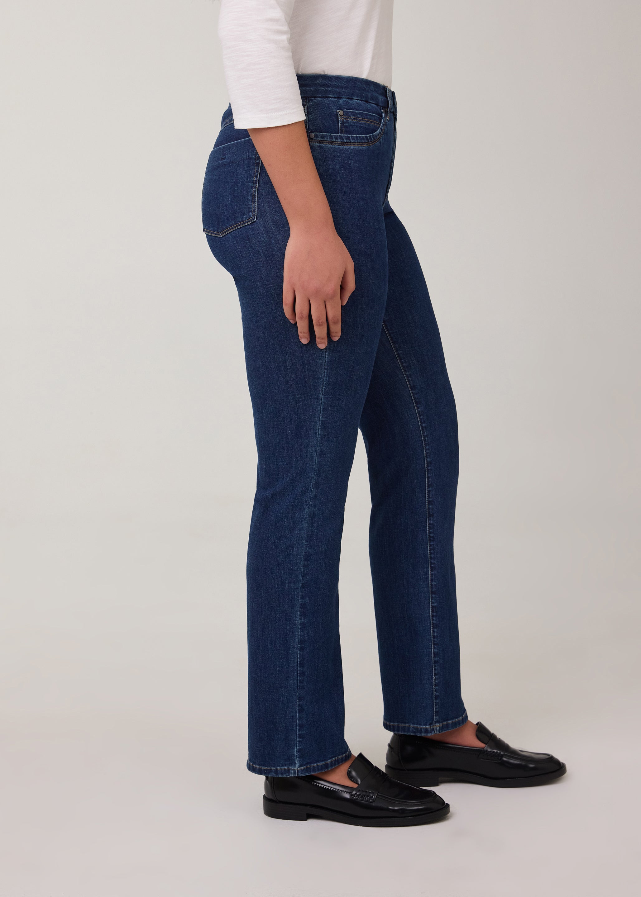 Side view of tapered straight leg jeans in Delight color by French Dressing Jeans (FDJ)
