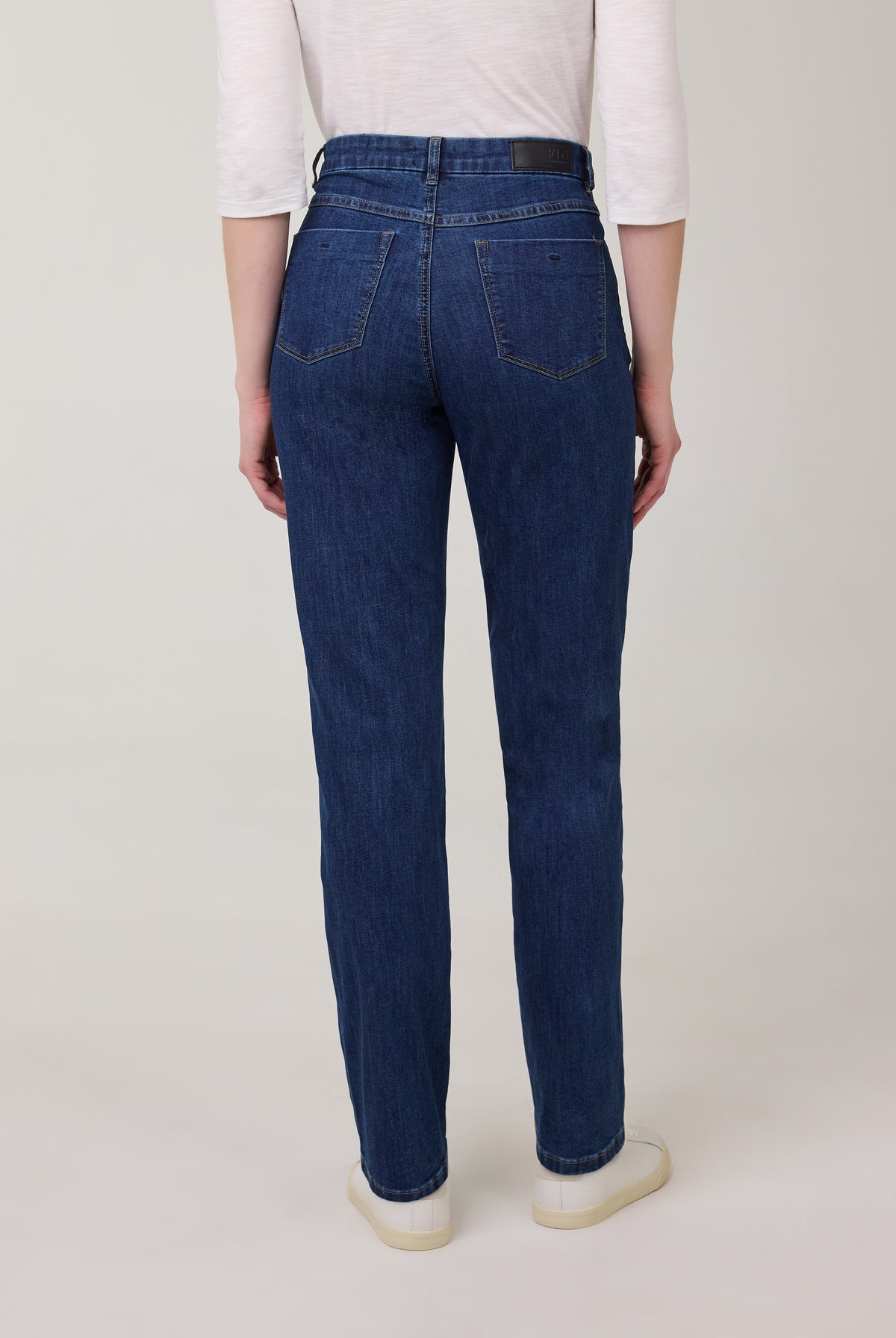Back view highlighting patch pockets on Delight straight leg jeans by French Dressing Jeans (FDJ)