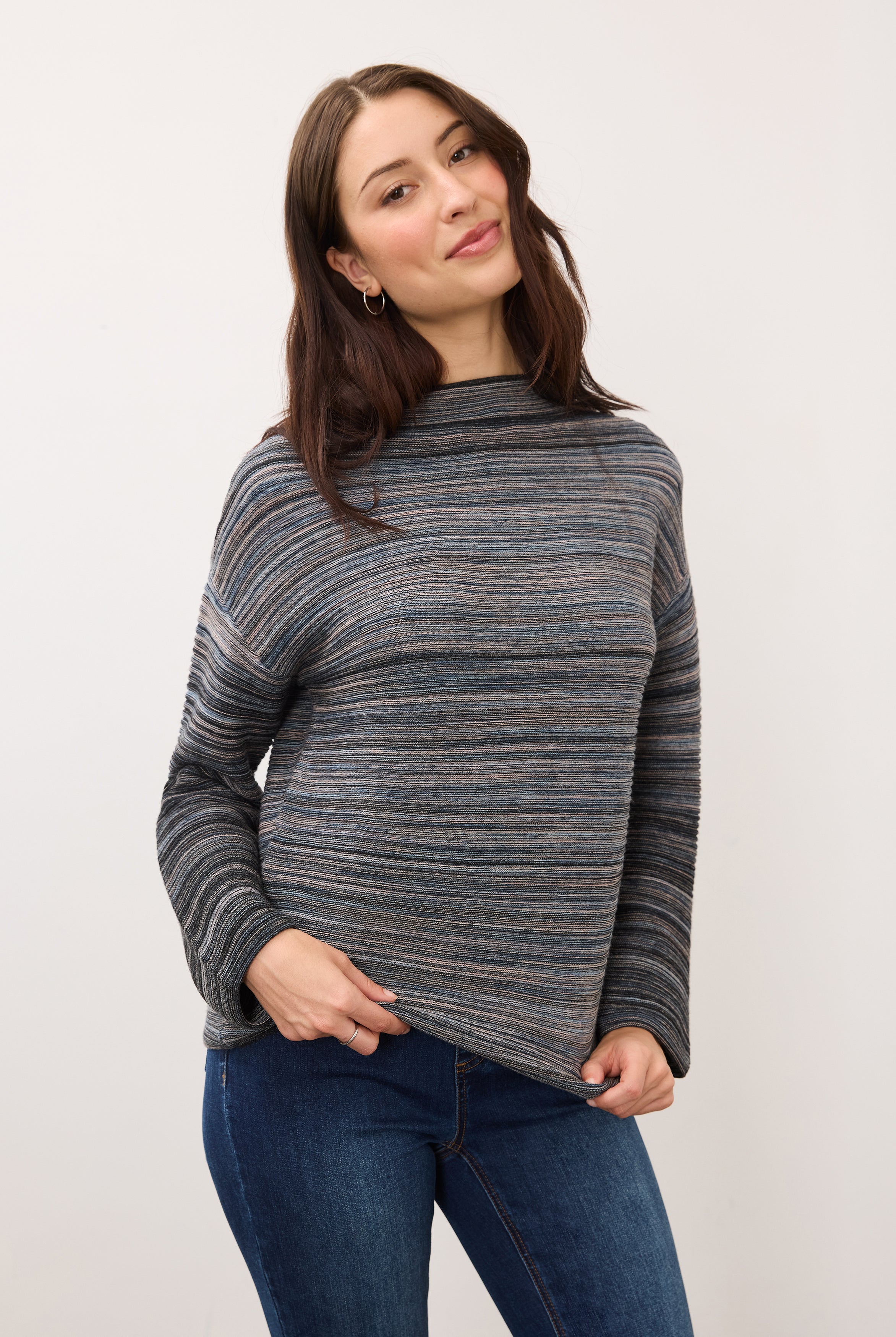 Front view of multicolored striped sweater with long sleeves by French Dressing Jeans (FDJ)