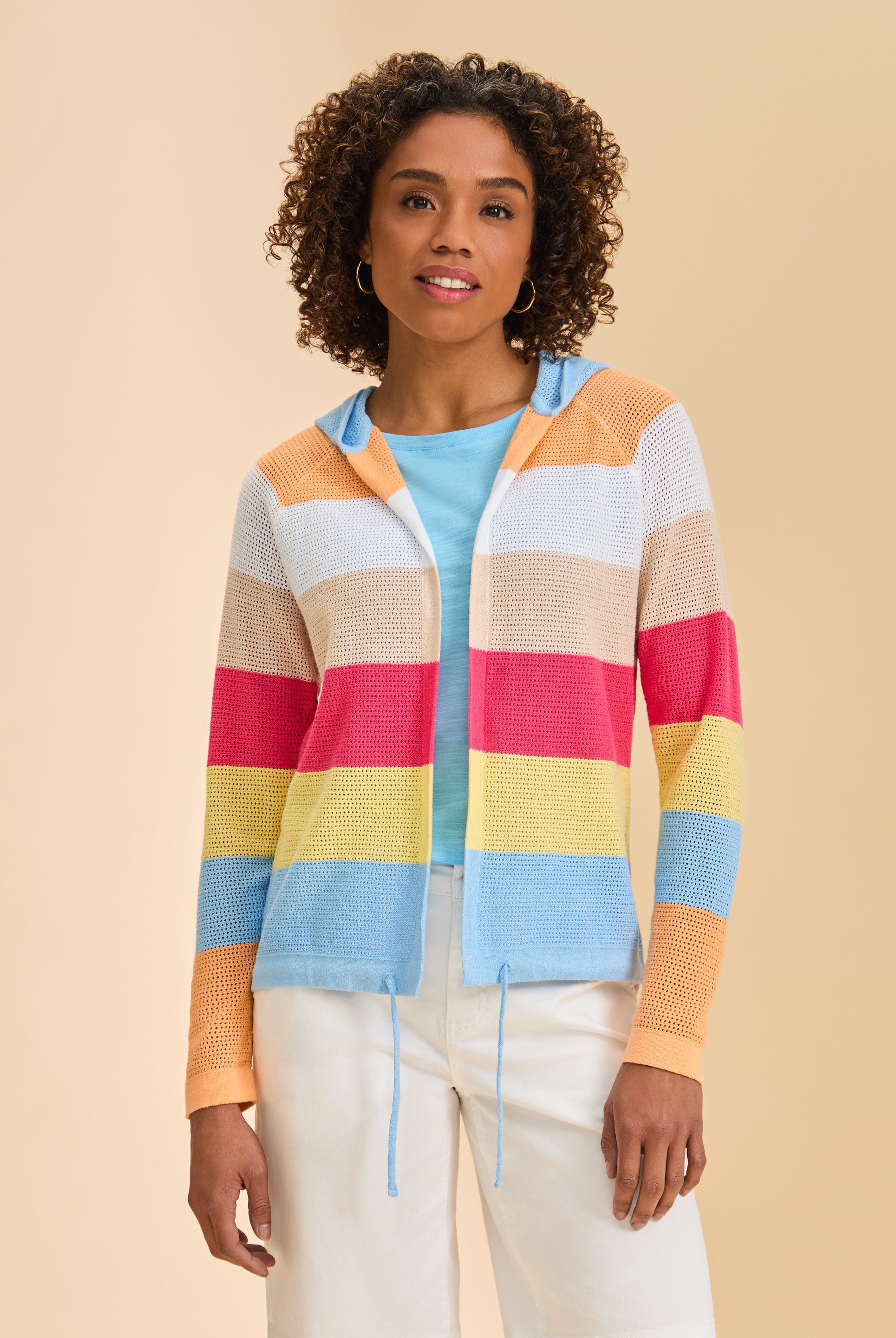 Front view of striped hooded cardigan with bold colors, open front design by French Dressing Jeans (FDJ)