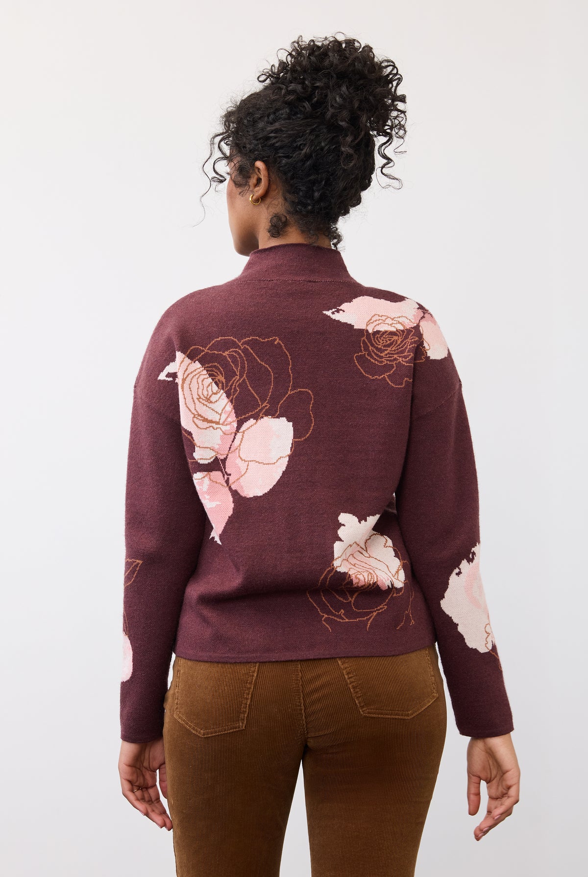 Back view of burgundy floral sweater featuring rose pattern and smooth finish by French Dressing Jeans (FDJ)