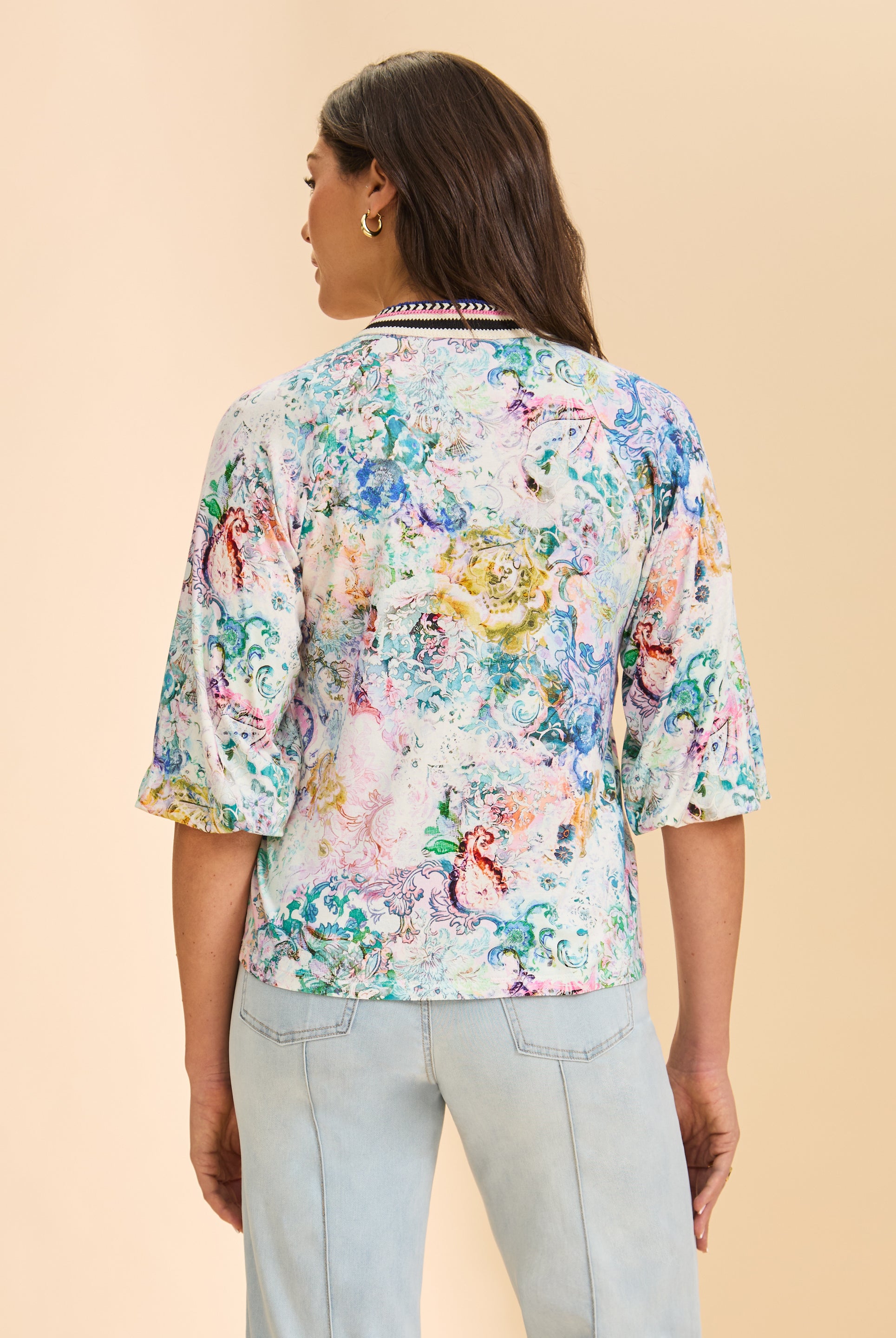 Back view of multicolored floral top highlighting soft fabric by French Dressing Jeans (FDJ)