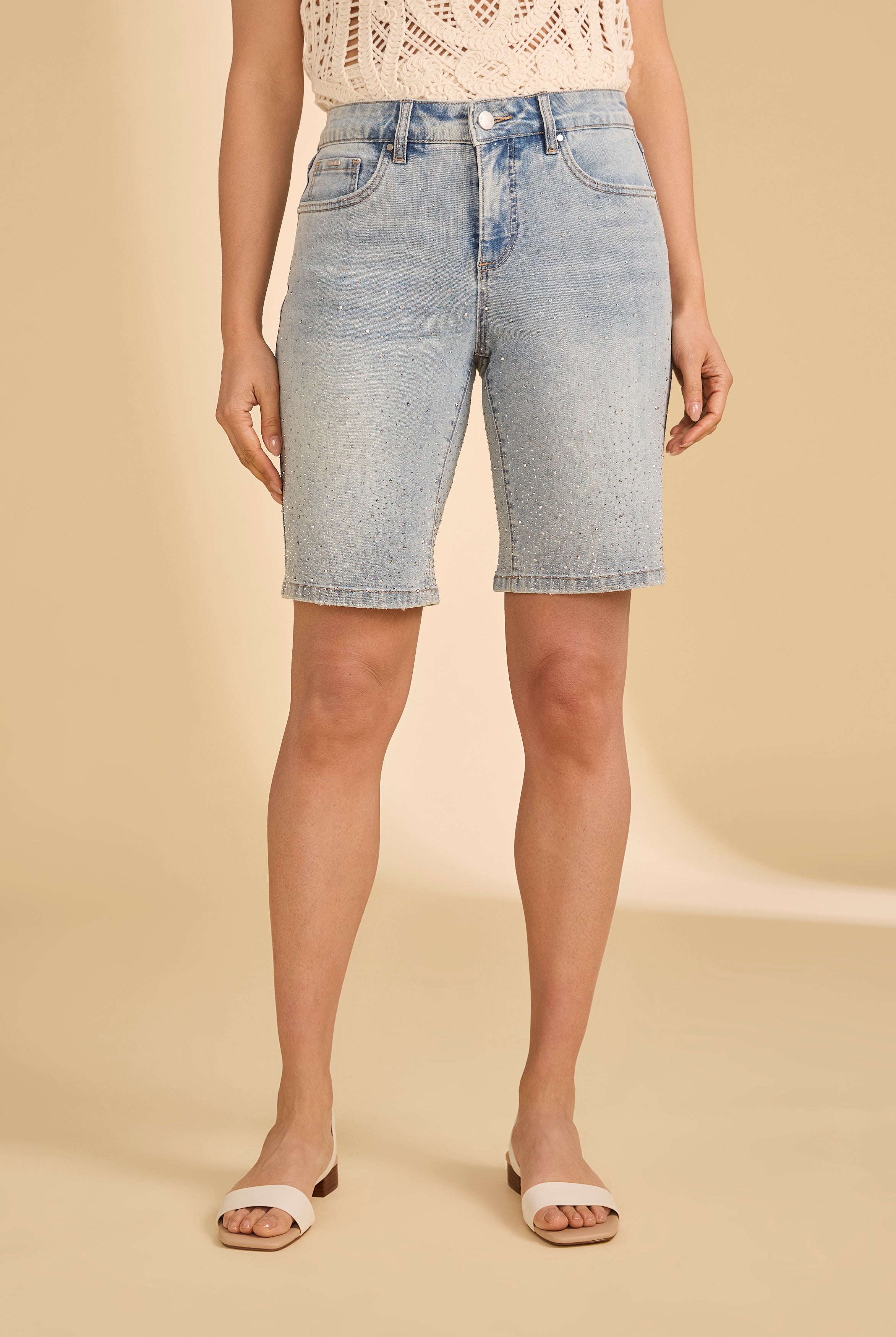 Front view of Olivia Bermuda shorts in indigo blue featuring mid-rise waist by French Dressing Jeans (FDJ)