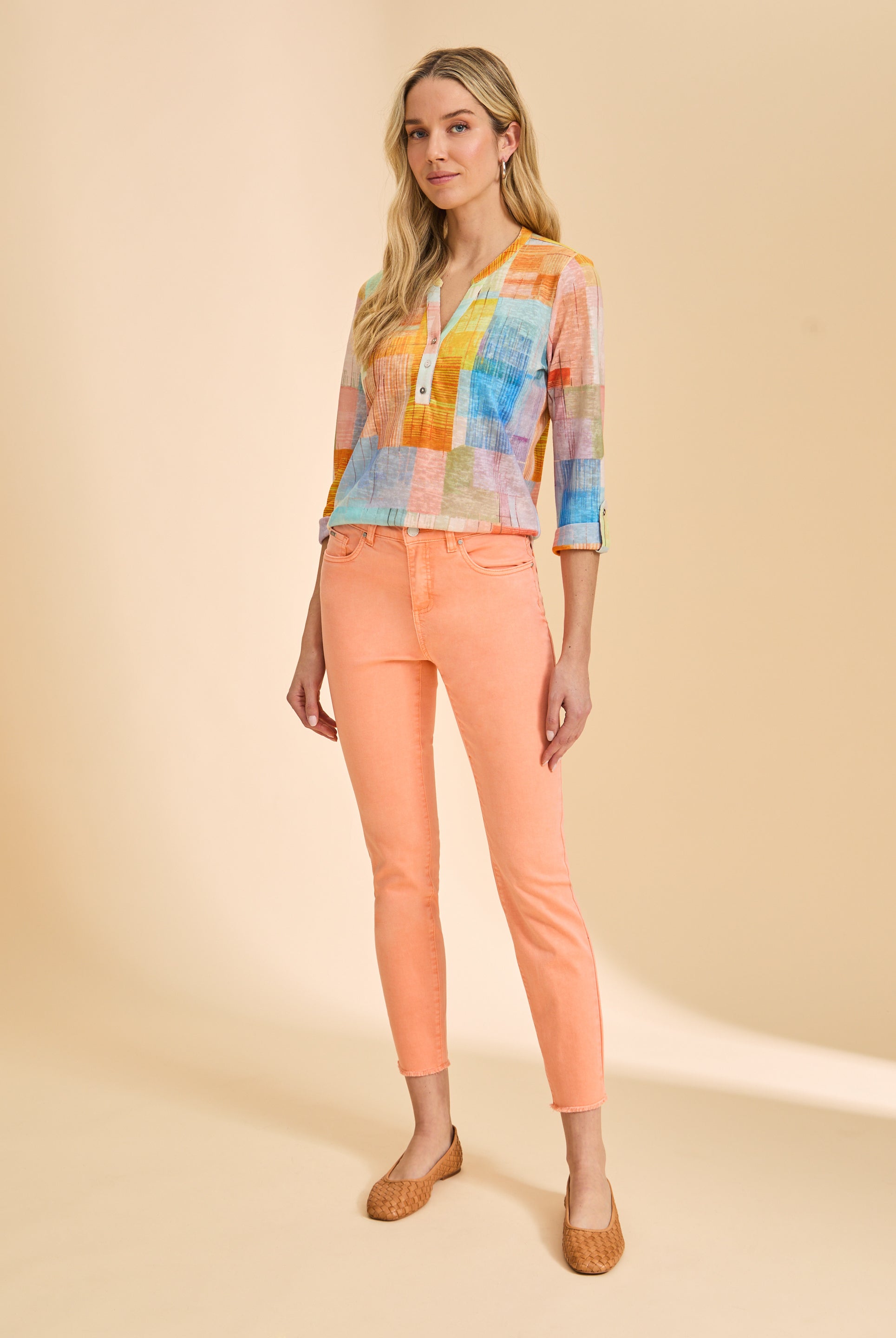 Color block top with peach skinny pants full view by French Dressing Jeans (FDJ)