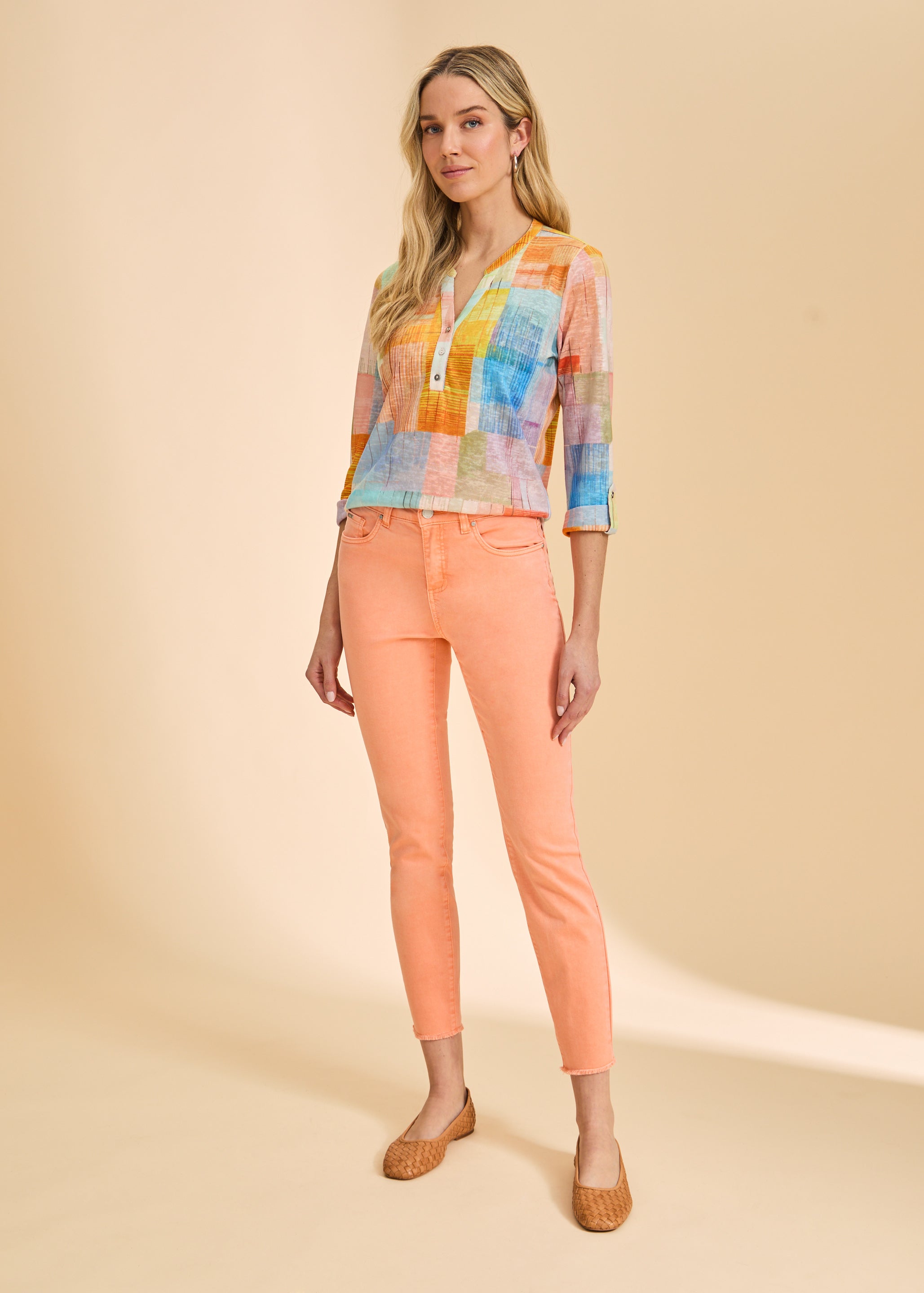 Color block top with peach skinny pants full view by French Dressing Jeans (FDJ)