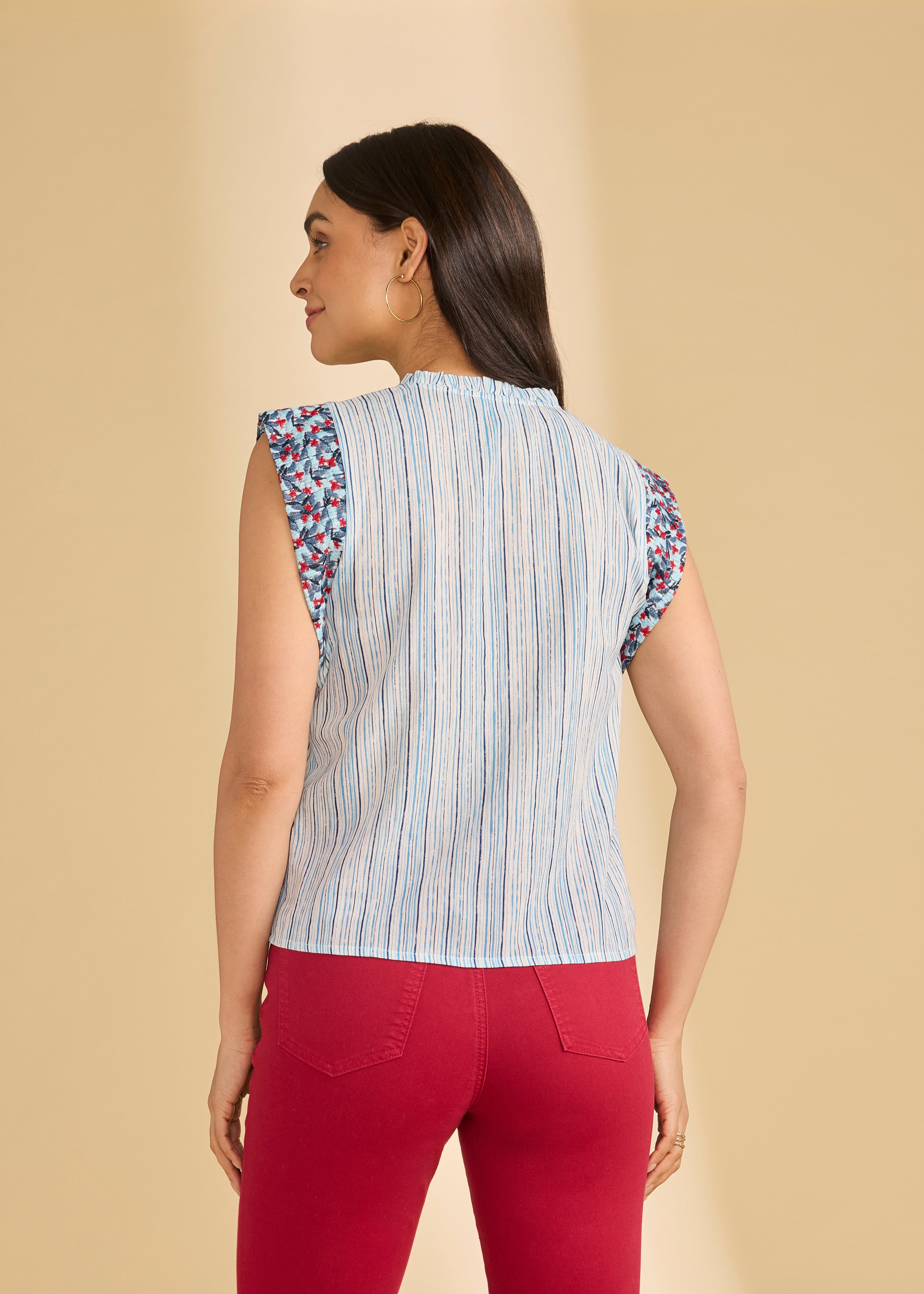 Back view of embroidered flutter sleeve top in Spritz Stripes highlighting striped pattern by French Dressing Jeans (FDJ)