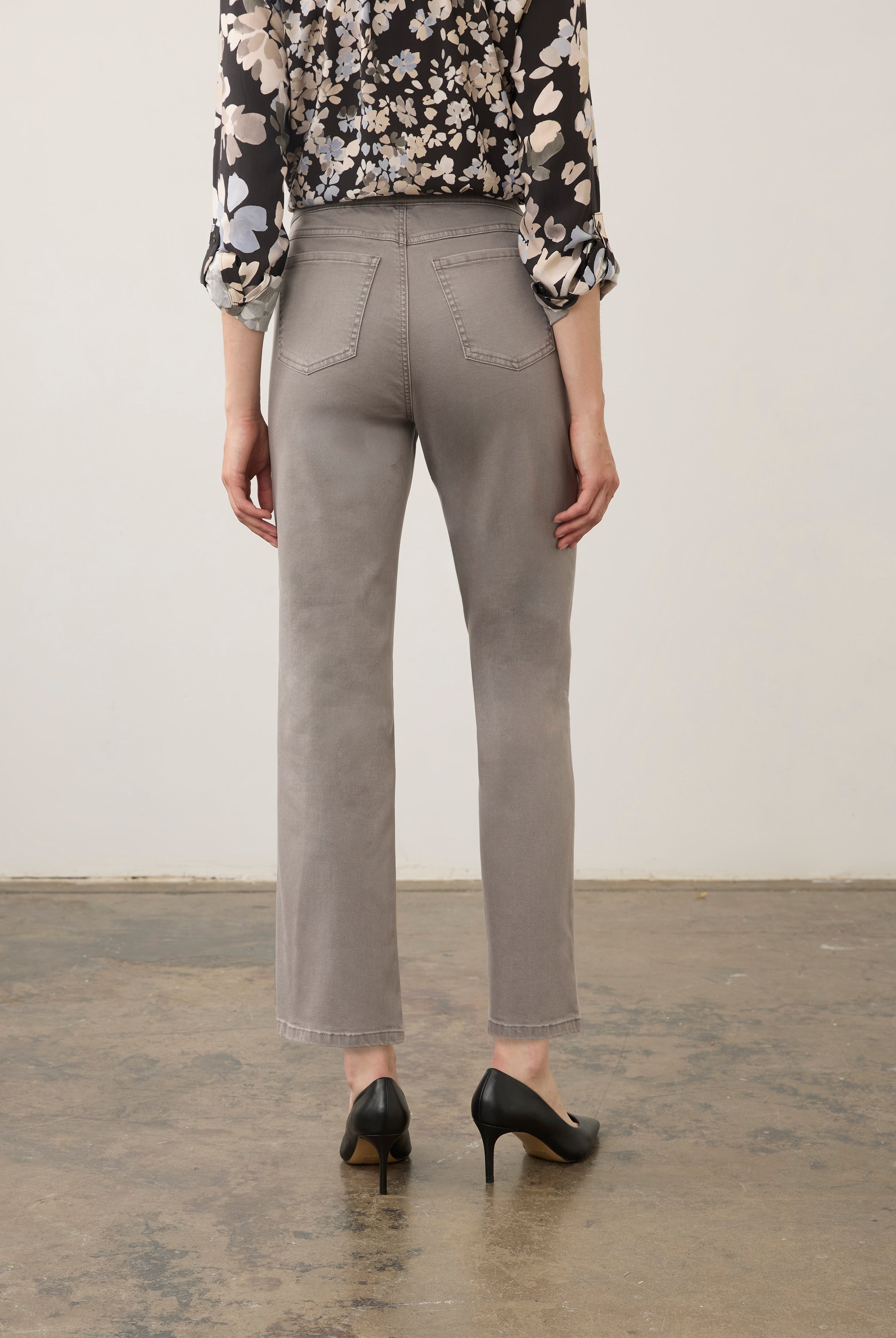 Back view of grey straight ankle denim highlighting patch pocket design by French Dressing Jeans (FDJ) par French Dressing Jeans (FDJ)