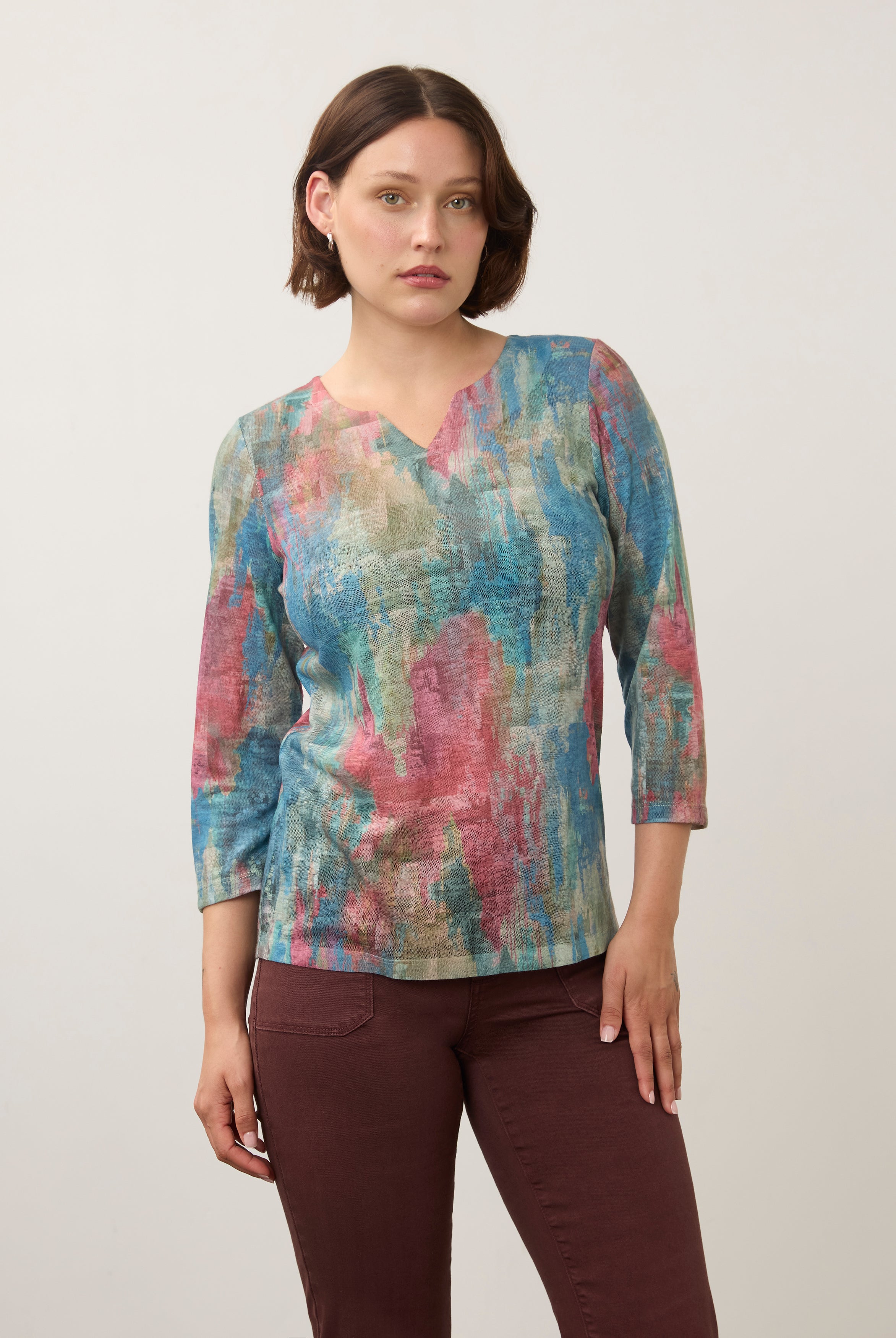 Front view of Henley top in pastel shades, featuring 3/4 sleeves and abstract print by French Dressing Jeans (FDJ)