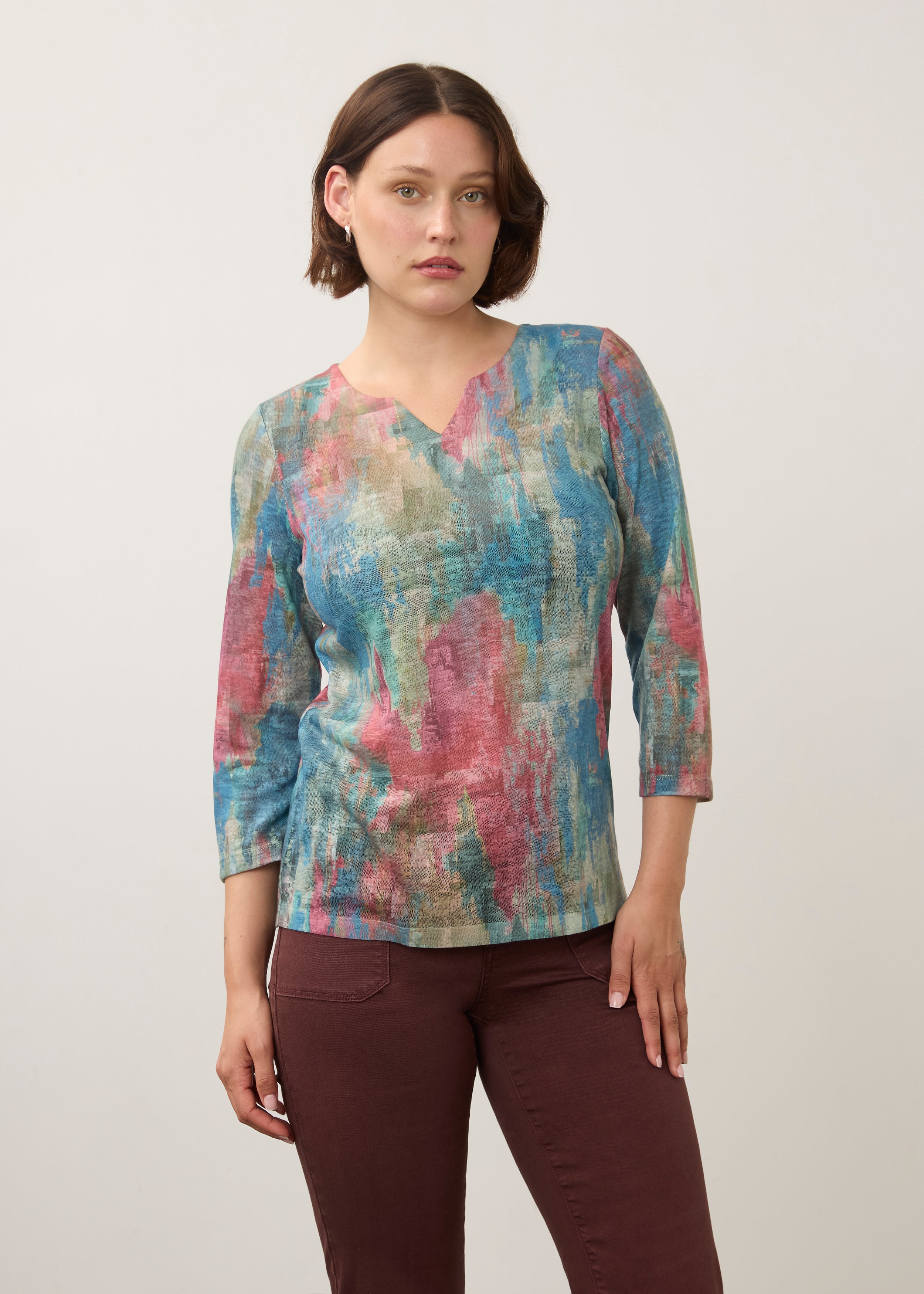 Front view of Henley top in pastel shades, featuring 3/4 sleeves and abstract print by French Dressing Jeans (FDJ)