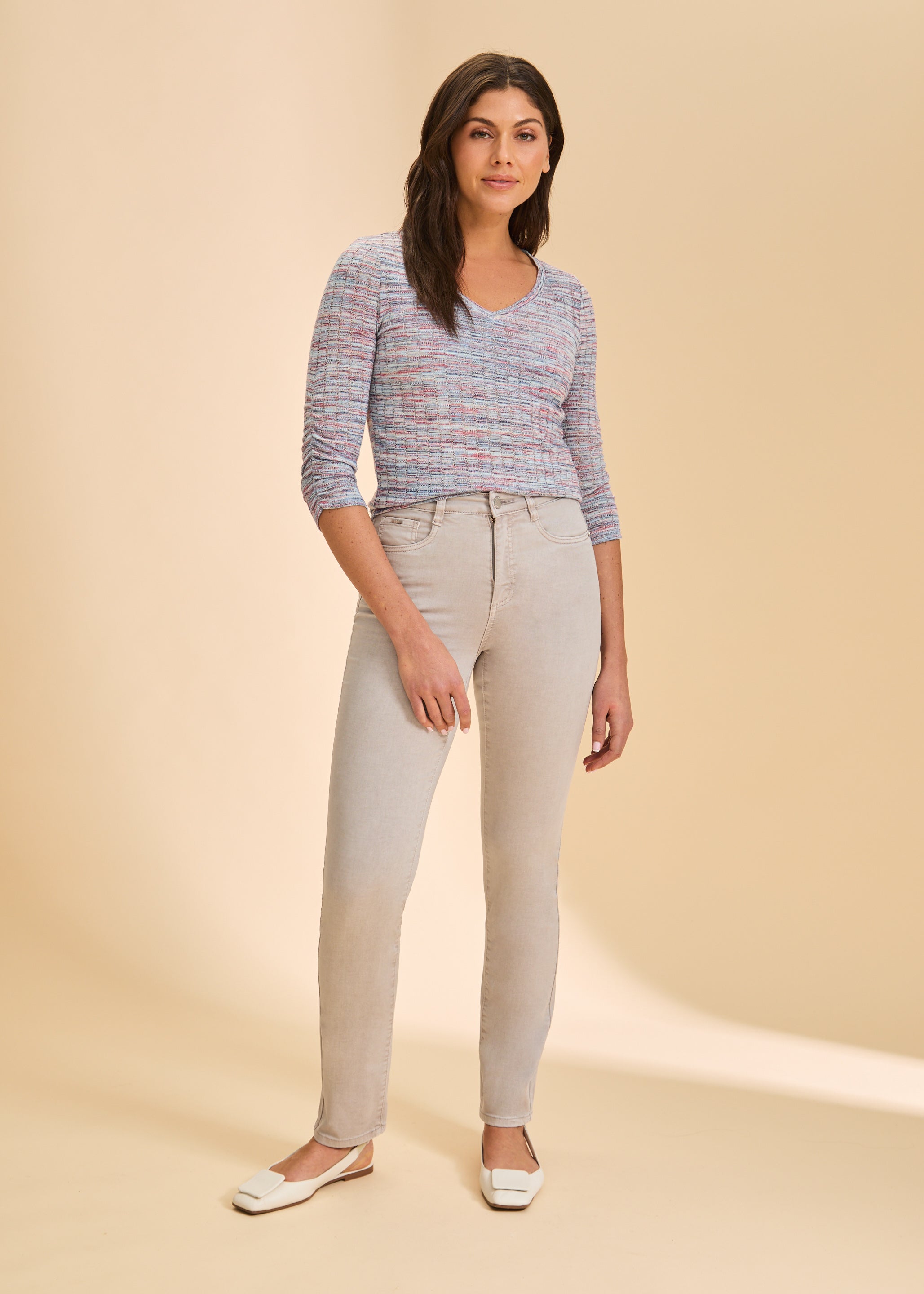 Front view of taupe straight-leg jeans, highlighting high-rise fit by French Dressing Jeans (FDJ)