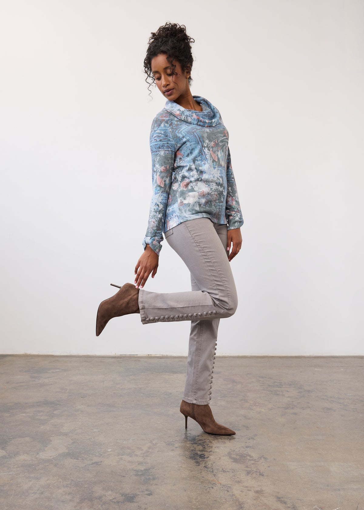 Full-body view of gray pencil leg denim showcasing side button details and mid-rise fit by French Dressing Jeans (FDJ)