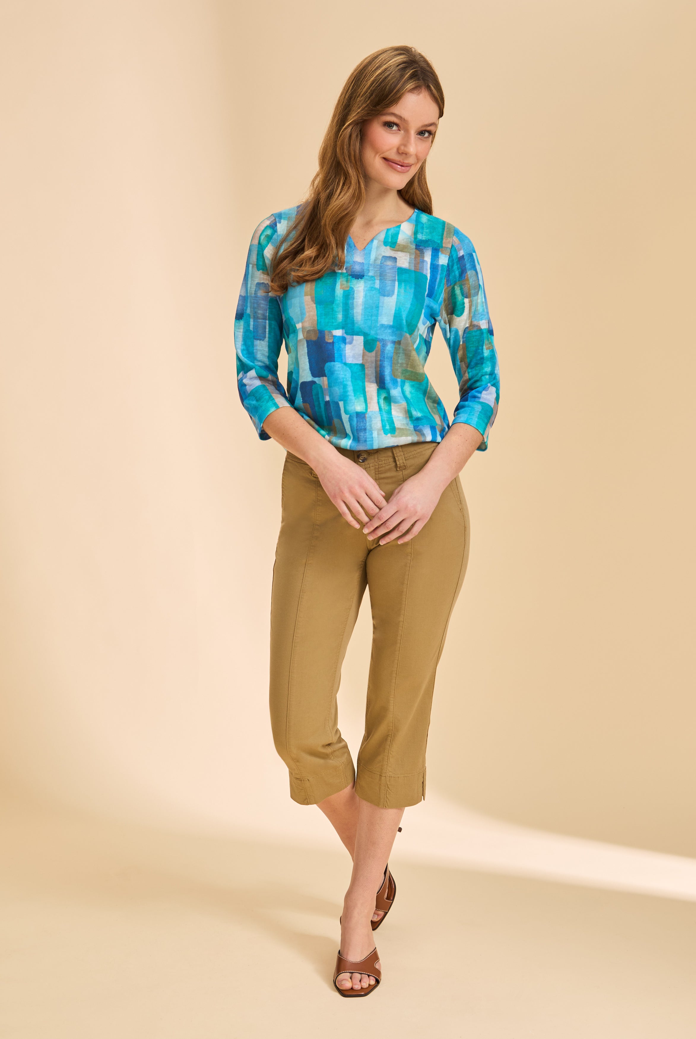 Front view of khaki crop pants with high-rise waist and slim fit by French Dressing Jeans (FDJ)