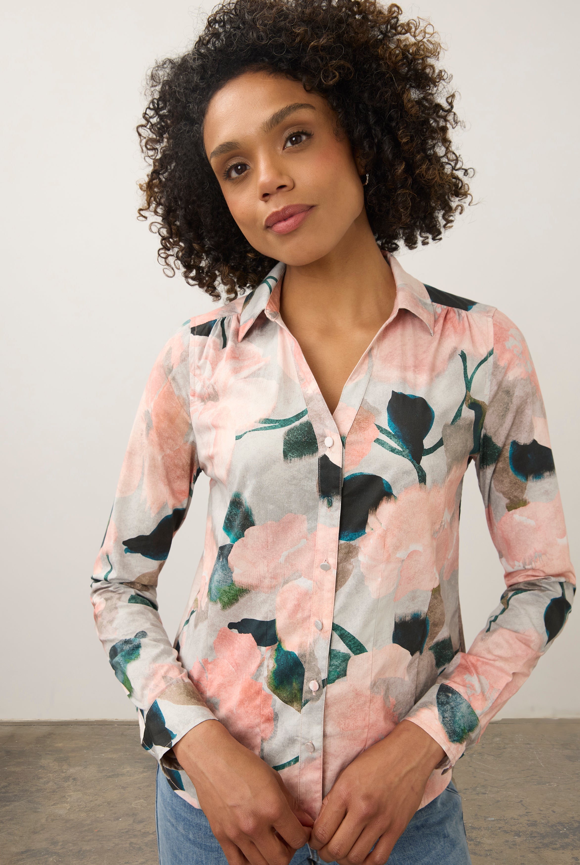 Close-up of pink floral shirt showing vivid colors by French Dressing Jeans (FDJ)