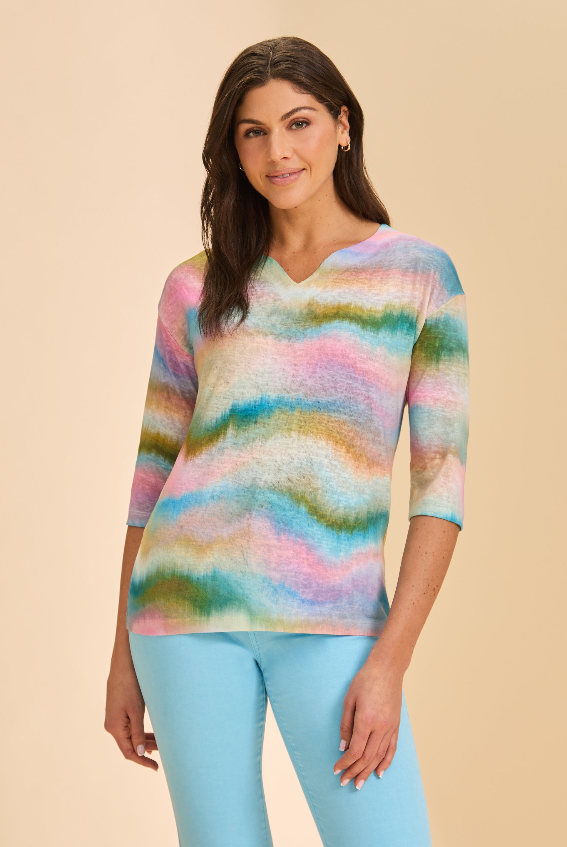 Front view of multicolor stripe 3/4 sleeve V-neck top with blue jeans by French Dressing Jeans (FDJ)