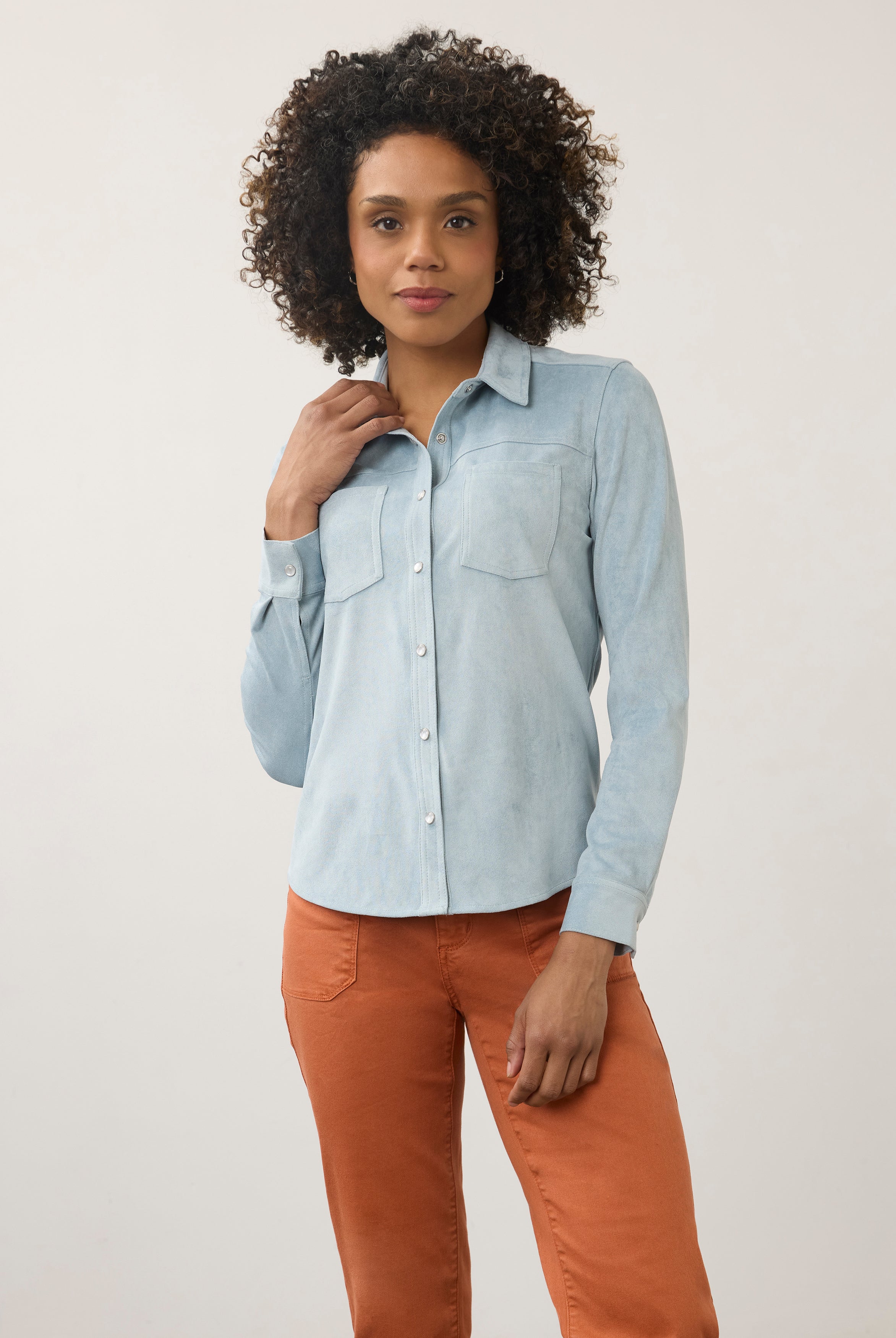 Front view of light blue suede shirt with button front and chest pockets by French Dressing Jeans (FDJ)