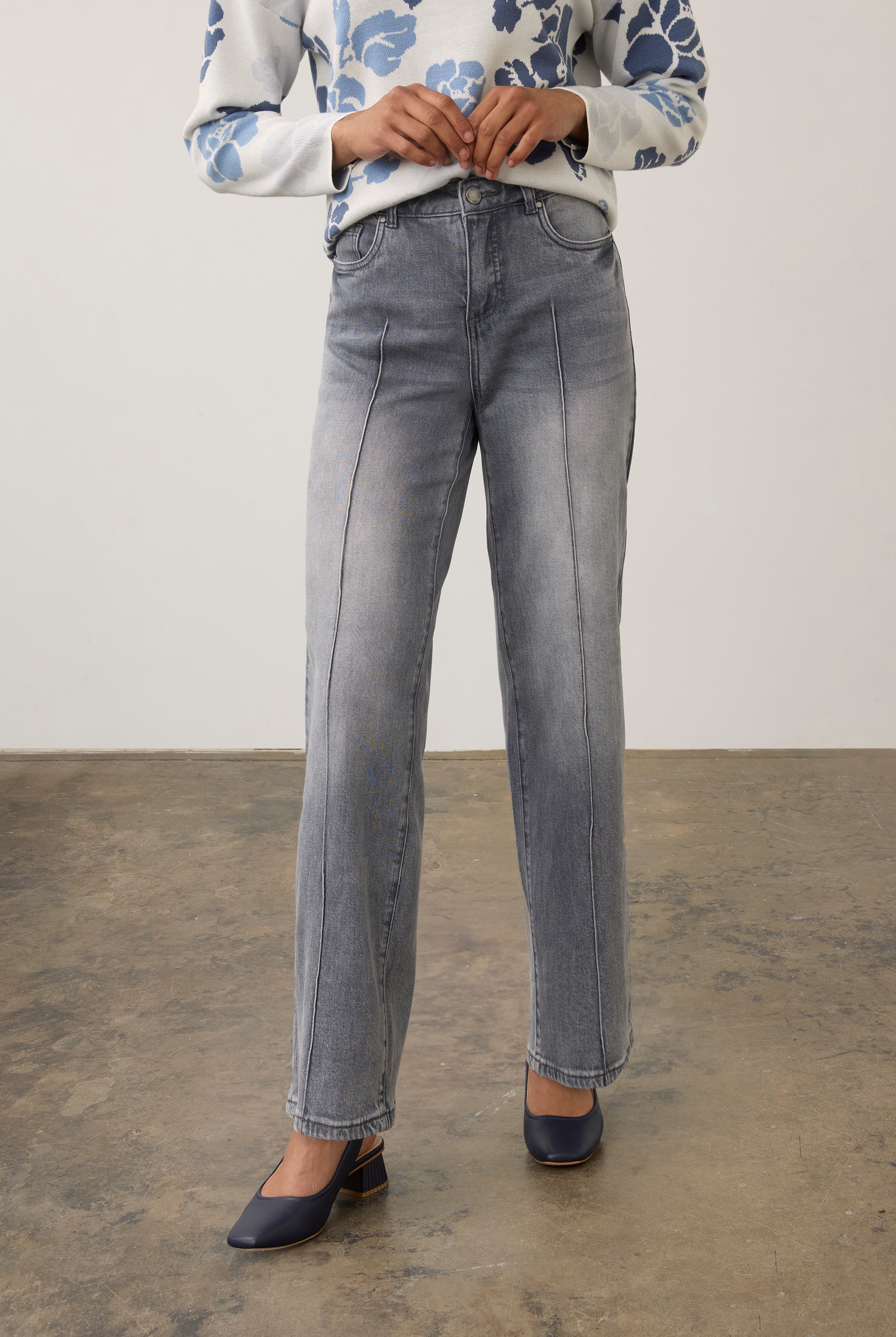 Front view of blue Olivia pintuck wide leg denim showcasing mid-rise and front pockets by French Dressing Jeans (FDJ) par French Dressing Jeans (FDJ)