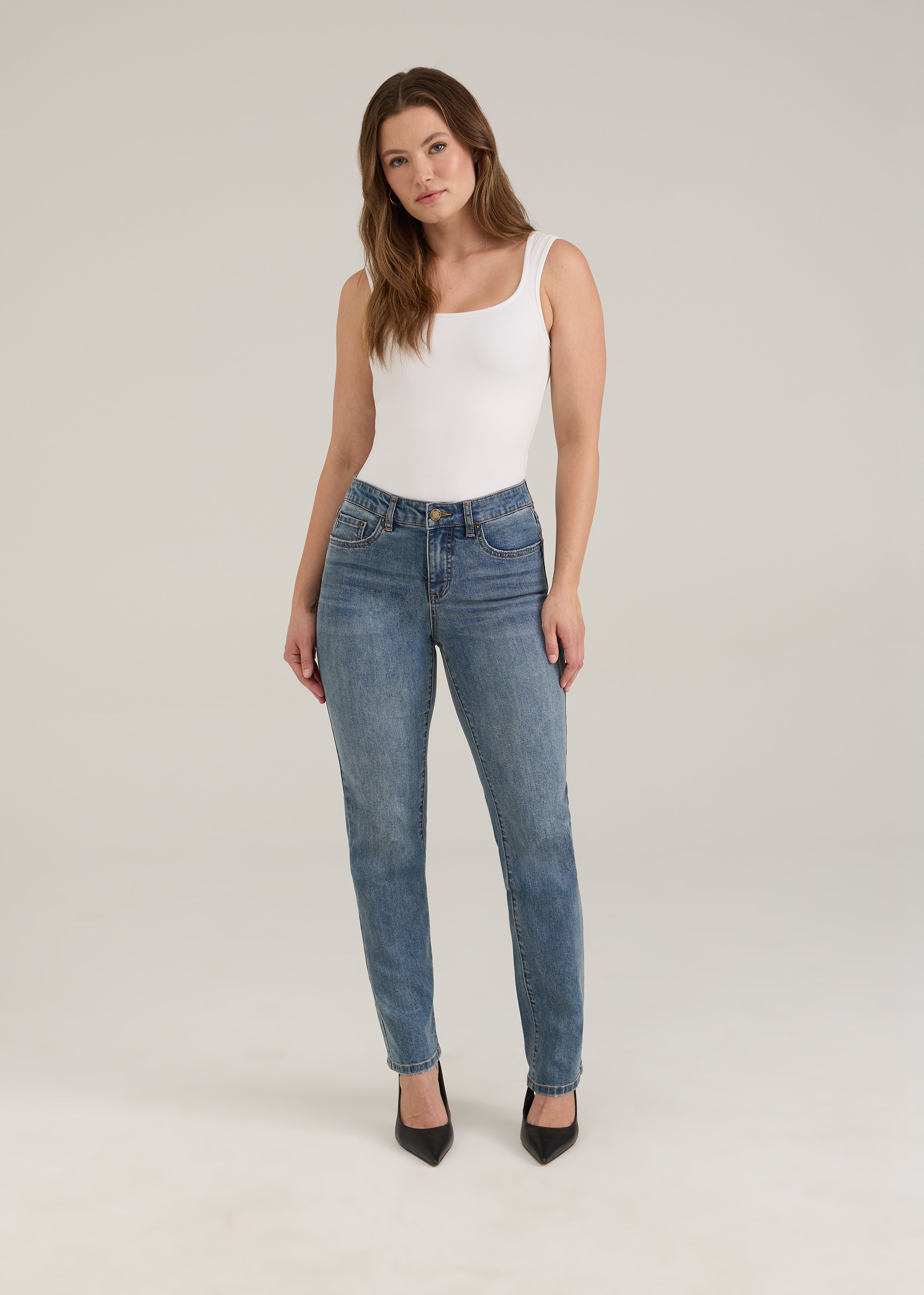 Full front view of Olivia straight leg denim in light wash with mid-rise and slim fit by French Dressing Jeans (FDJ)