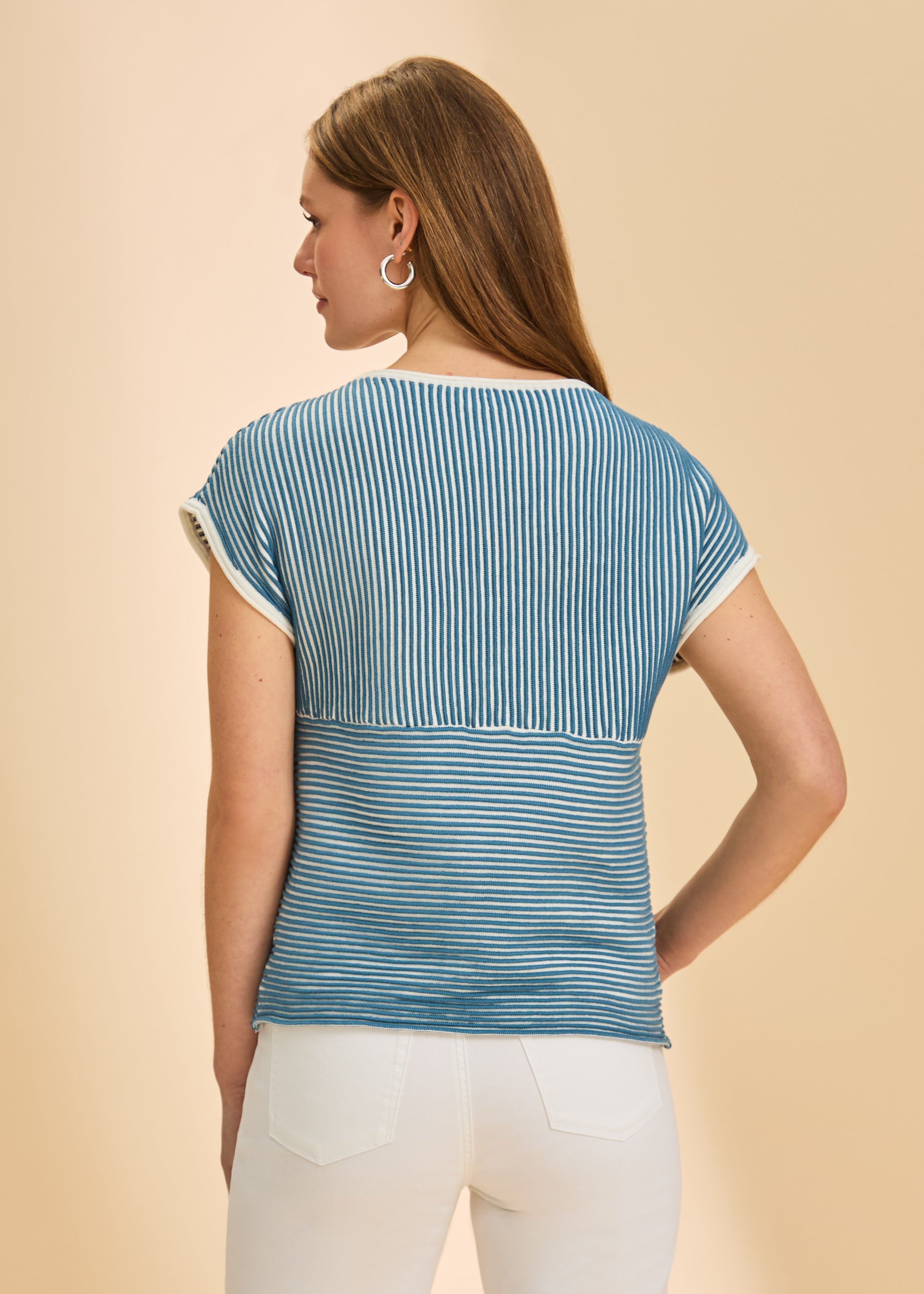 Back view of blue and white stripe sweater with detailed ribbing by French Dressing Jeans (FDJ)