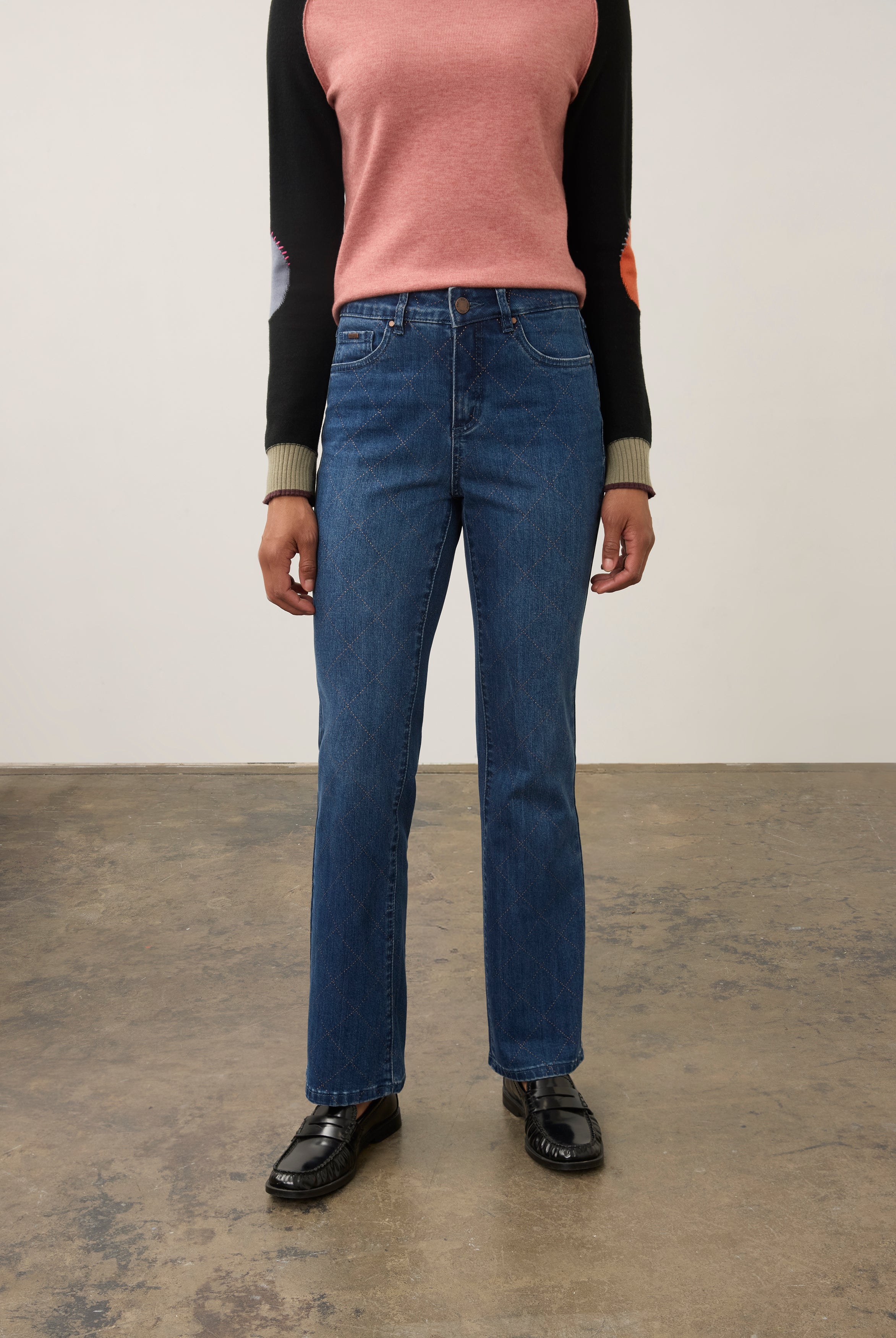 Front view of medium blue Olivia denim with mid-rise waist and front patch pockets by French Dressing Jeans (FDJ)
