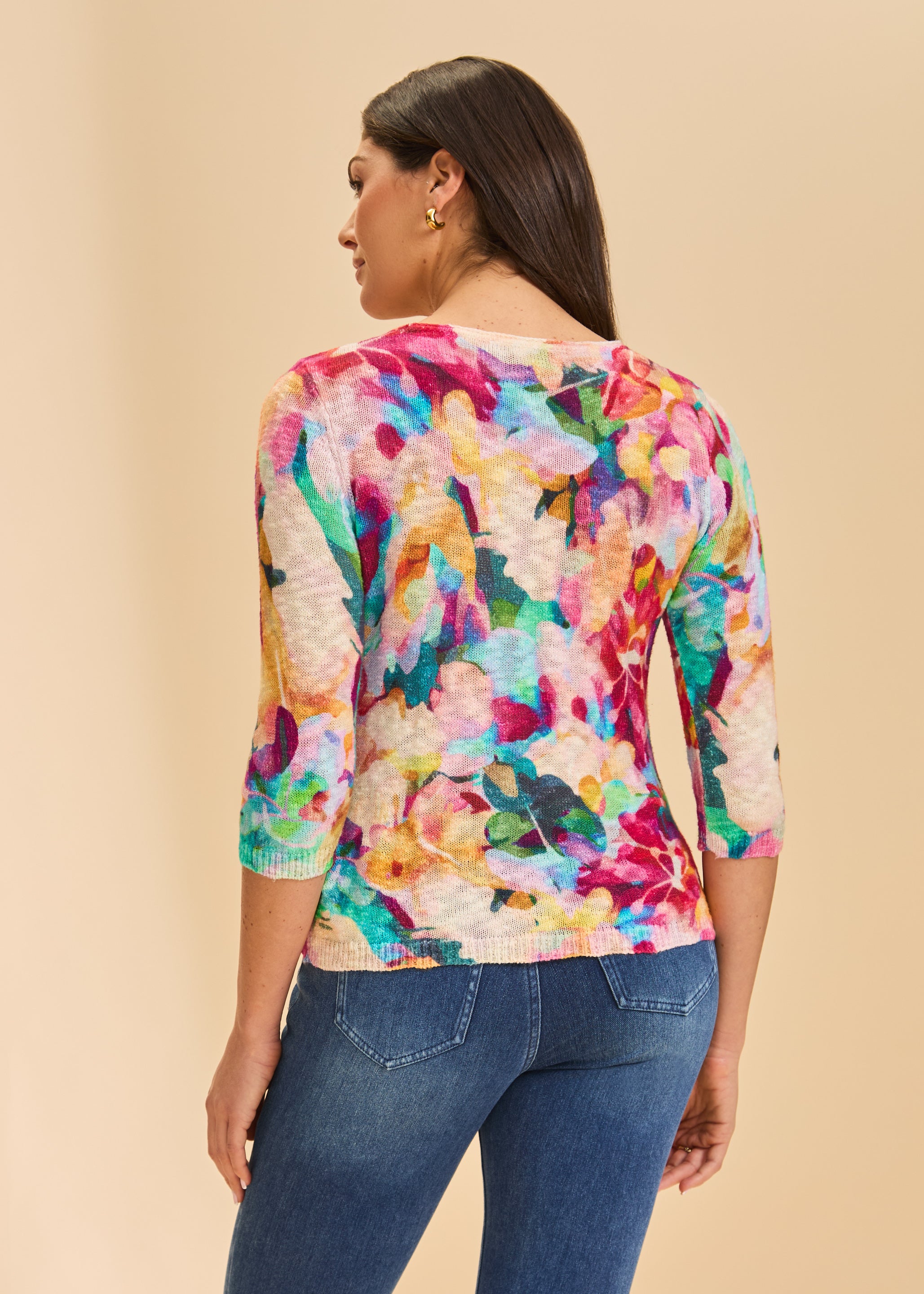 Back view of multicolor floral sweater showing seamless color blend by French Dressing Jeans (FDJ)