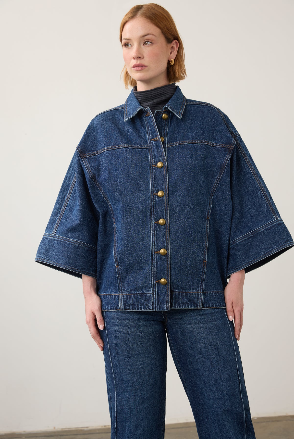 Front view of oversized medium blue utility jacket with wide sleeves by French Dressing Jeans (FDJ) par French Dressing Jeans (FDJ)