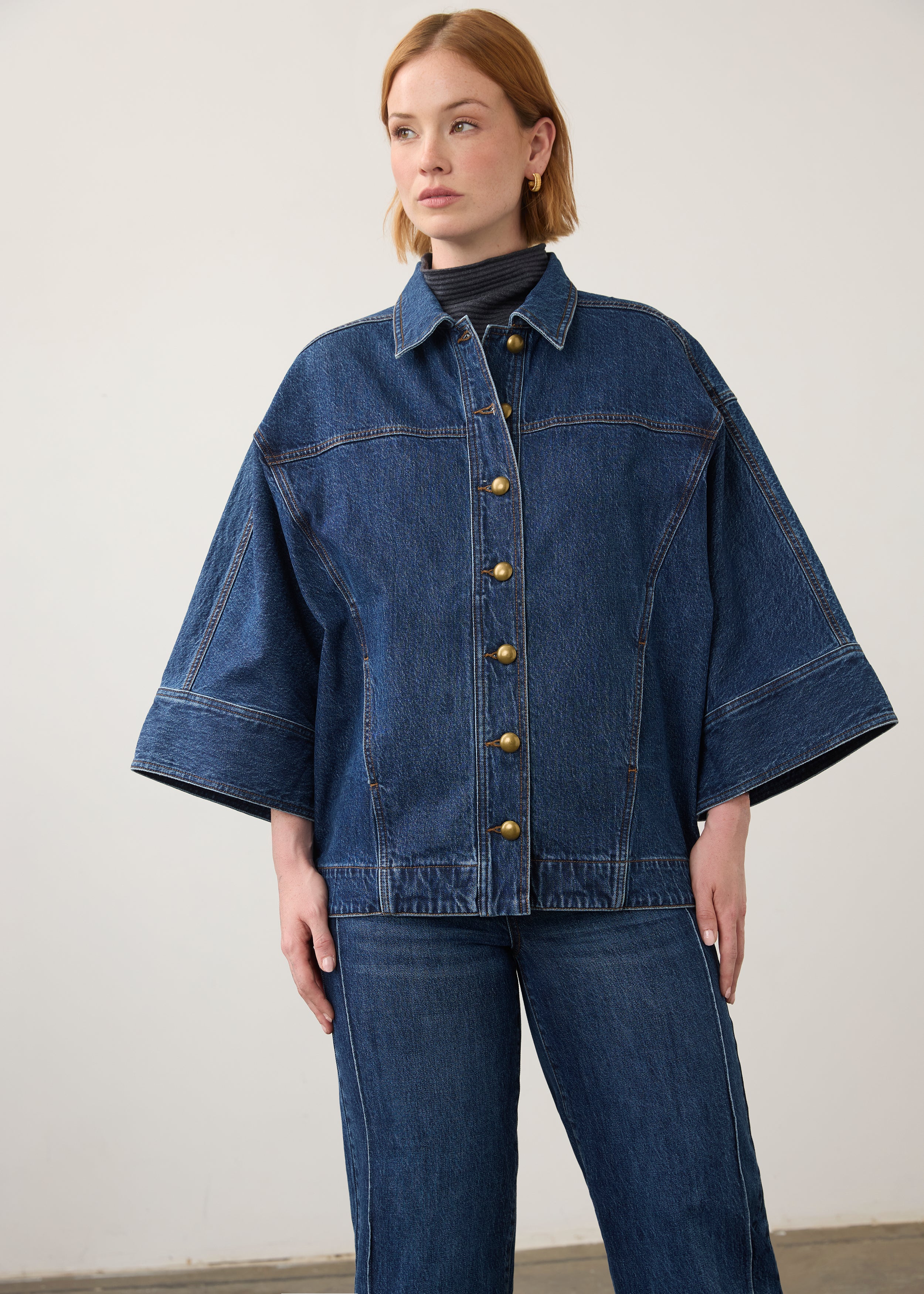 Front view of oversized medium blue utility jacket with wide sleeves by French Dressing Jeans (FDJ) par French Dressing Jeans (FDJ)