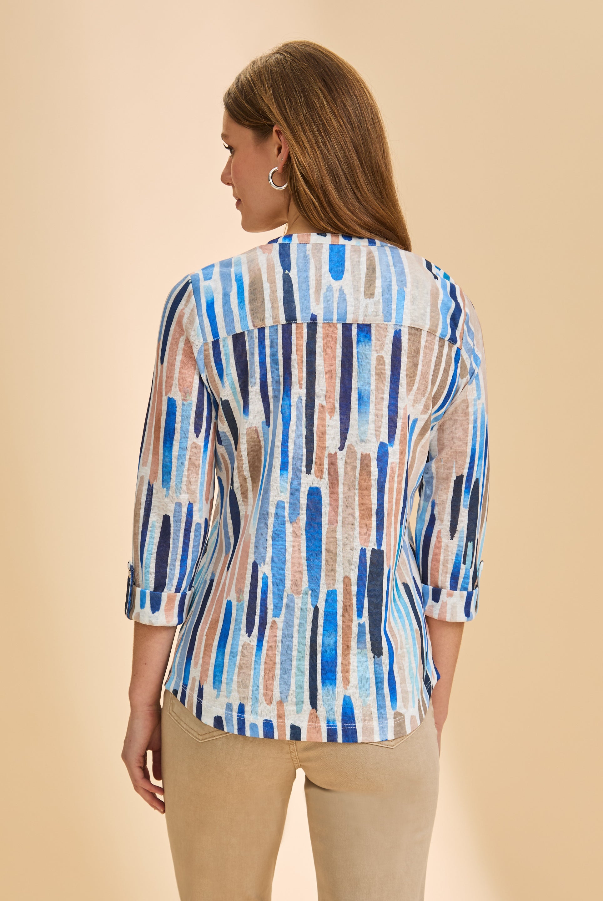 Back view of blue stripe Henley top showing 3/4 sleeves and relaxed fit by French Dressing Jeans (FDJ)