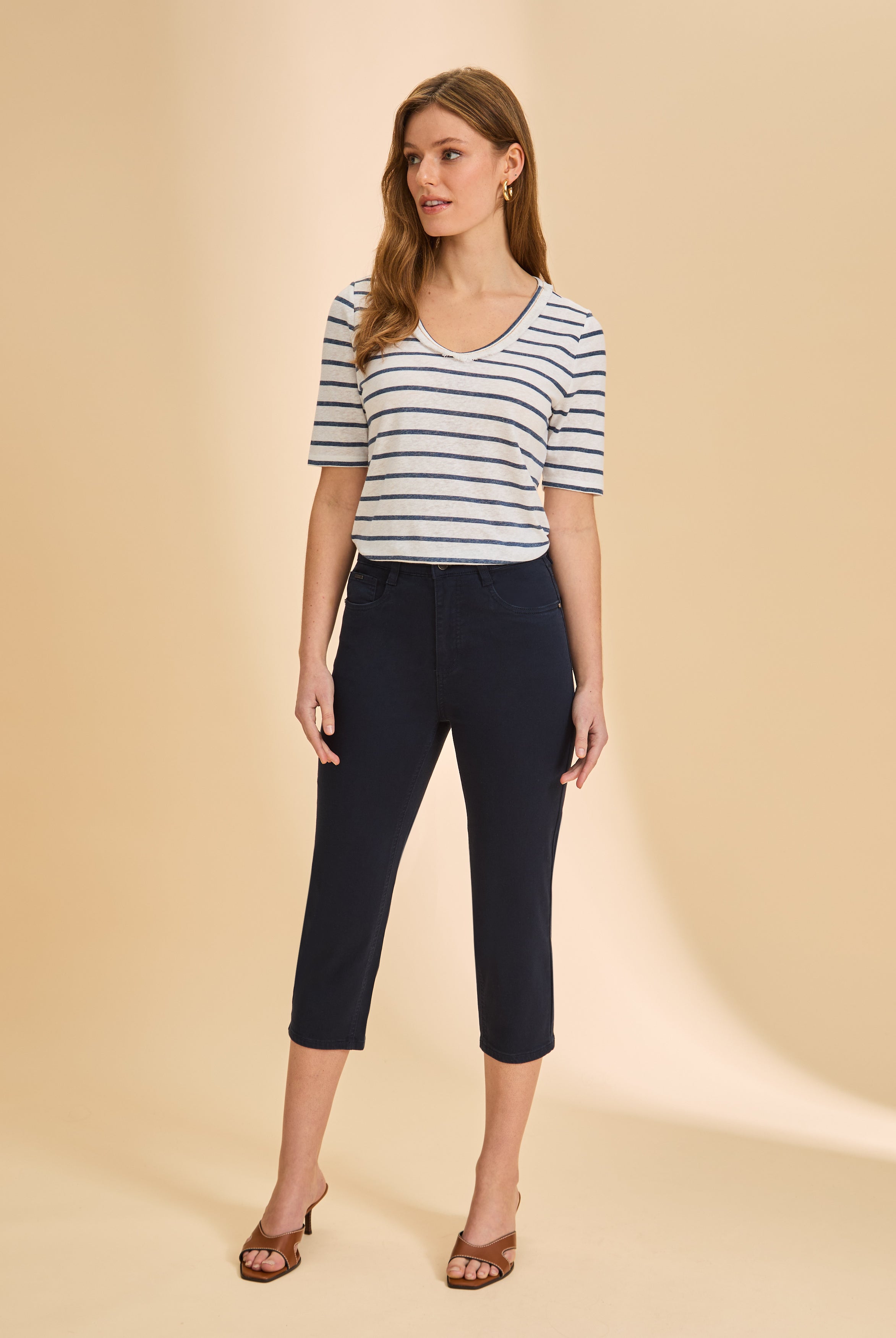 Front view of navy cropped jeans, styled with striped top by French Dressing Jeans (FDJ)