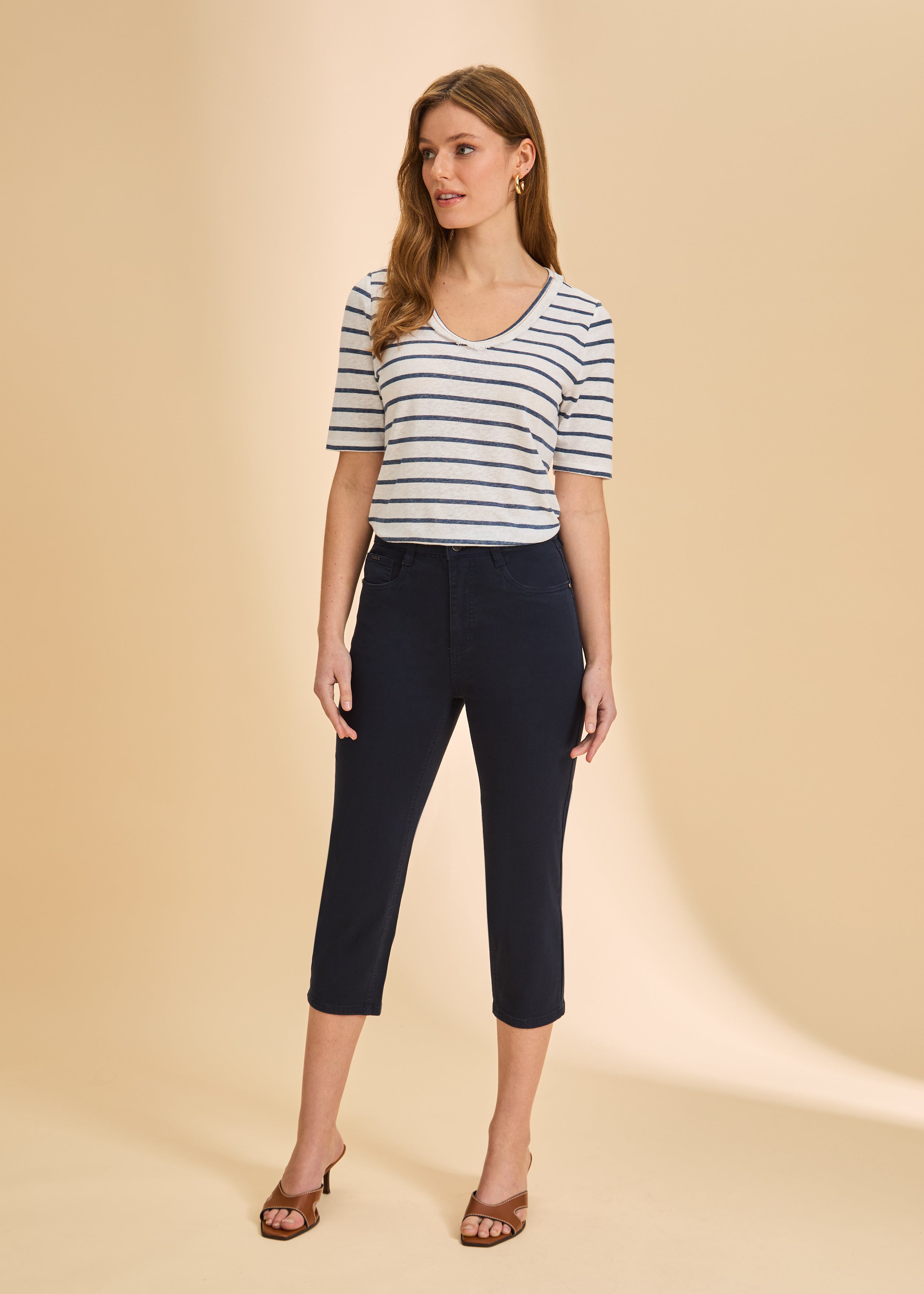 Front view of navy cropped jeans, styled with striped top by French Dressing Jeans (FDJ)