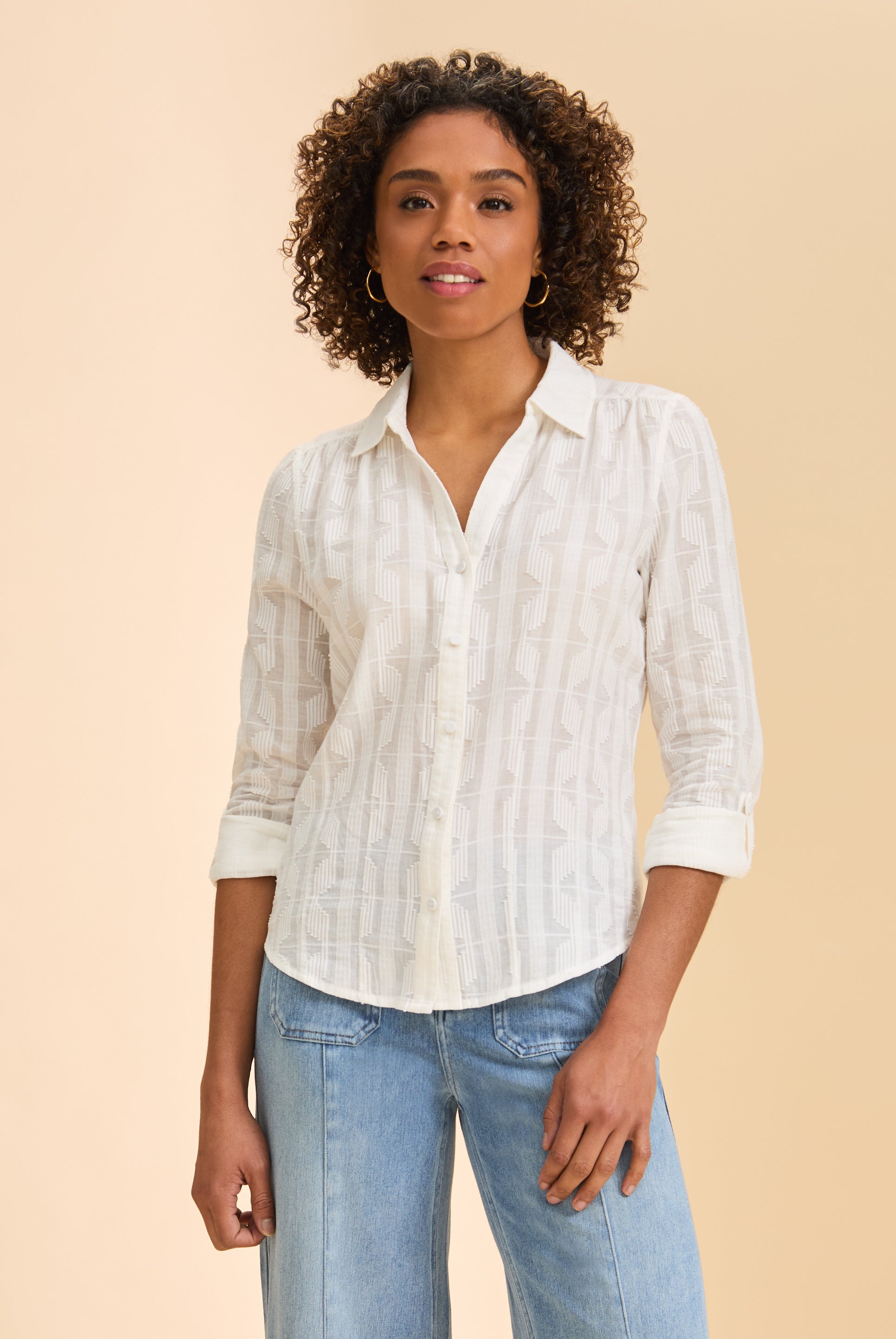 Front view of white textured shirt with button details by French Dressing Jeans (FDJ)