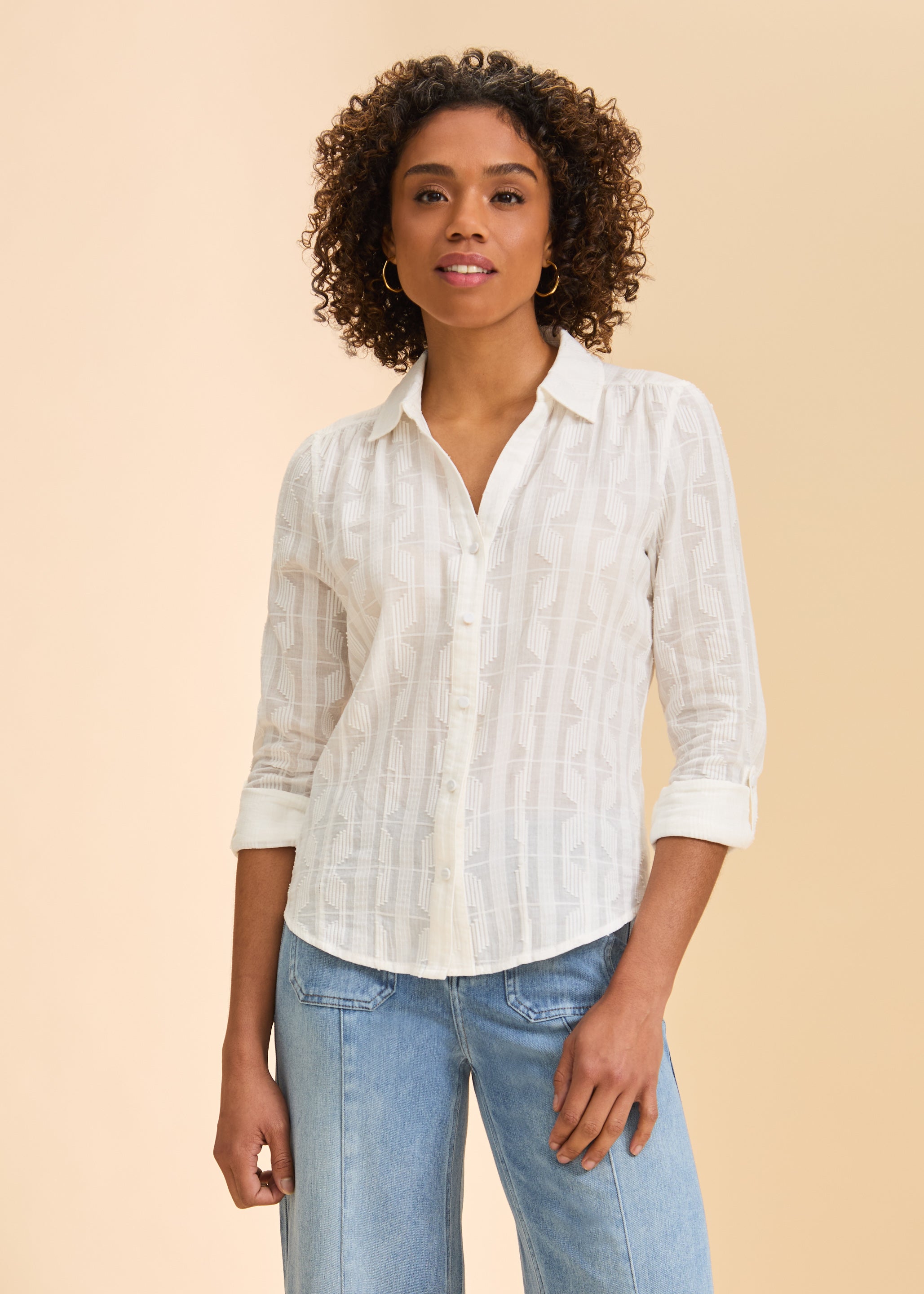 Front view of white textured shirt with button details by French Dressing Jeans (FDJ)