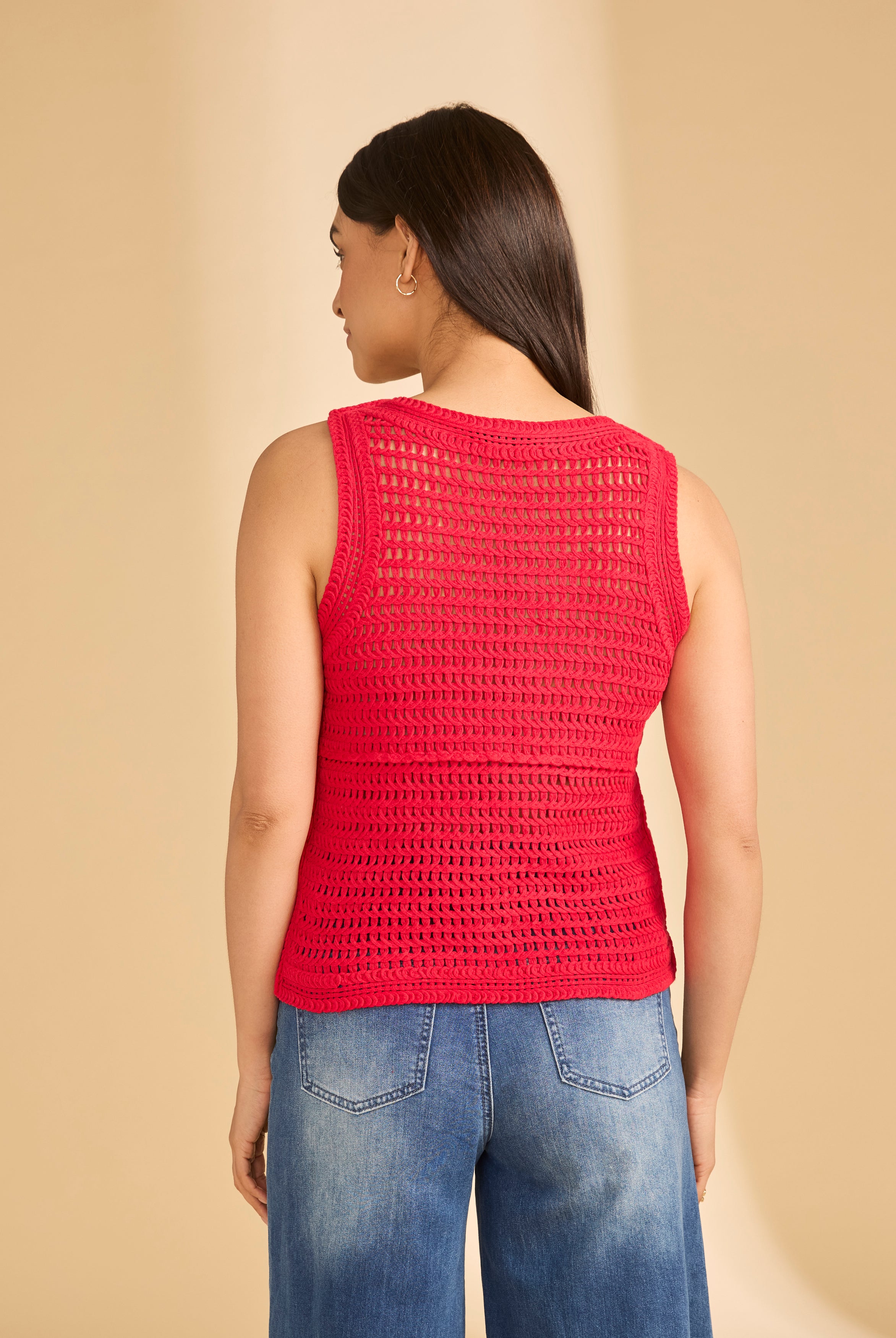 Back view of red crochet tank showing open knit texture by French Dressing Jeans (FDJ)