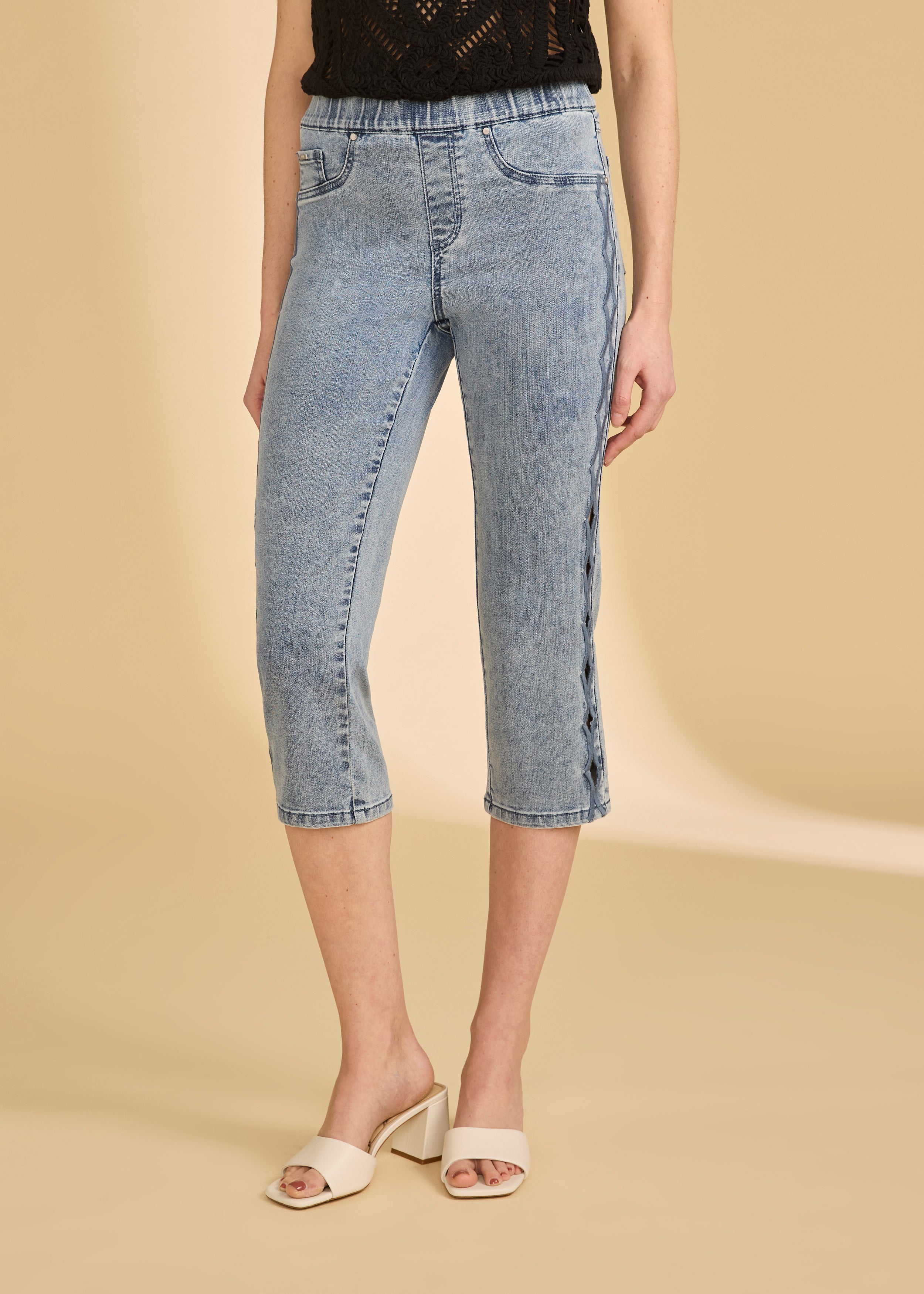 Front view of light medium pull-on capri denim with side button detailing by French Dressing Jeans (FDJ)
