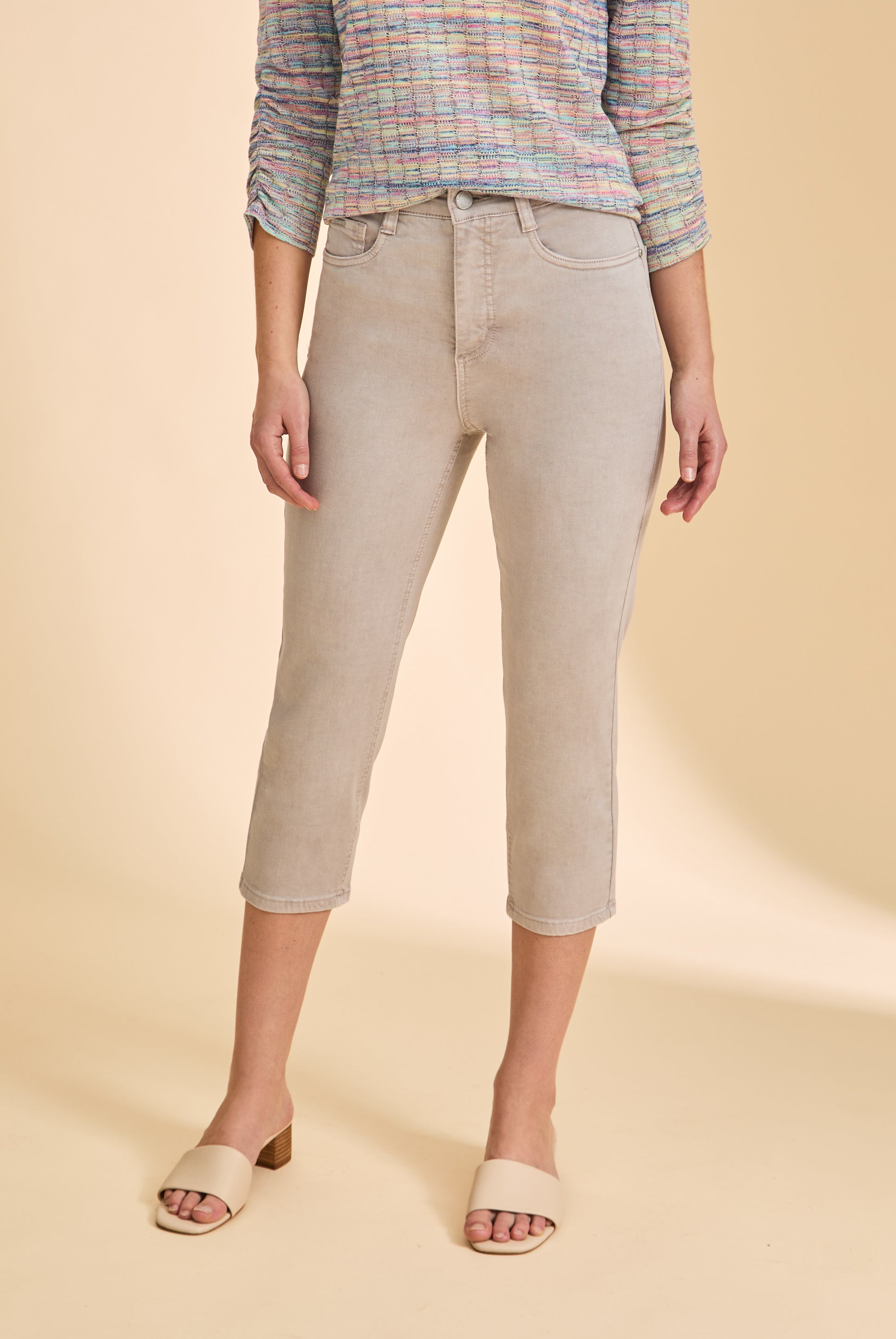 Close-up front view of taupe cropped jeans, highlighting high-rise waist by French Dressing Jeans (FDJ)