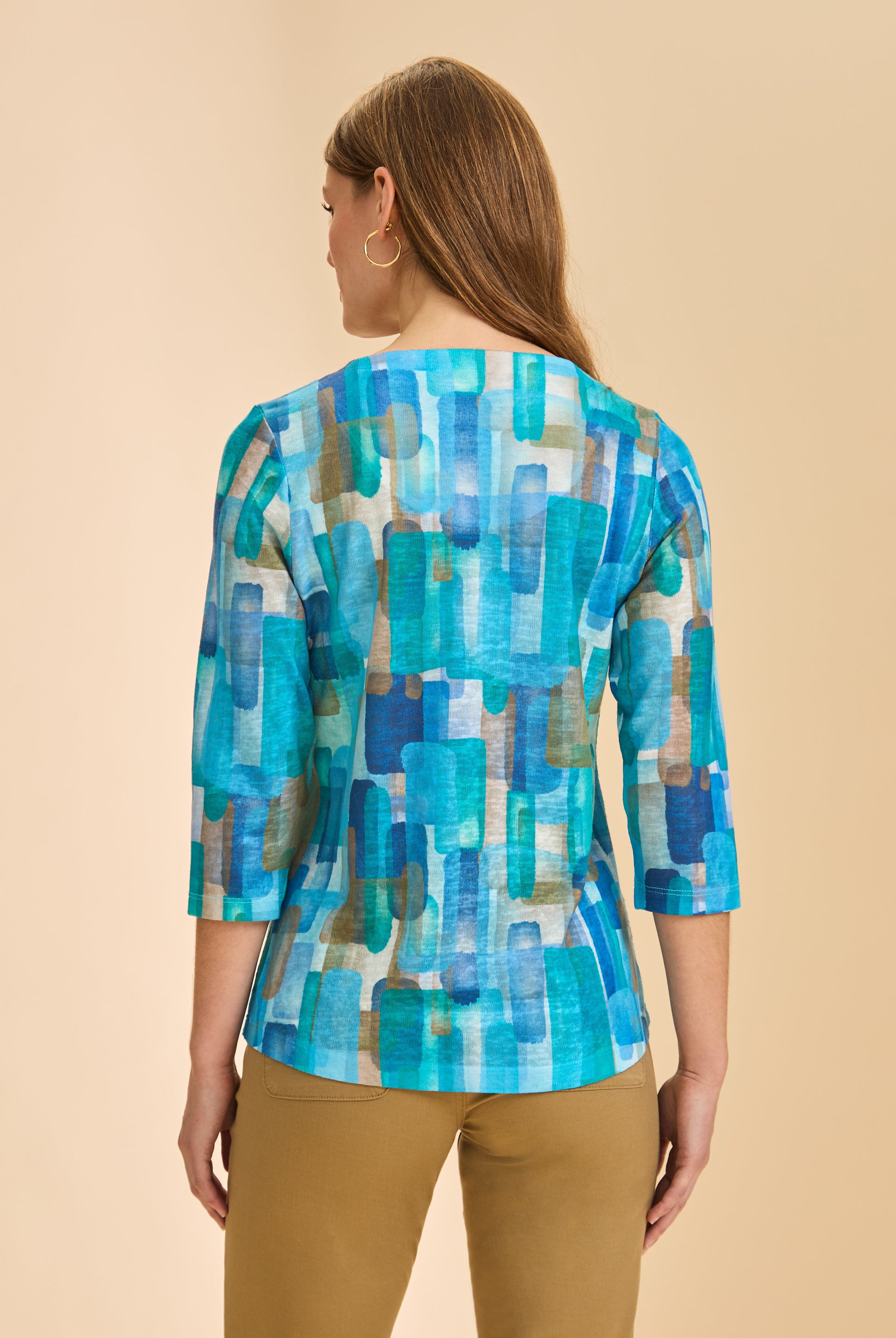 Back view of turquoise block print on 3/4 sleeve top by French Dressing Jeans (FDJ)