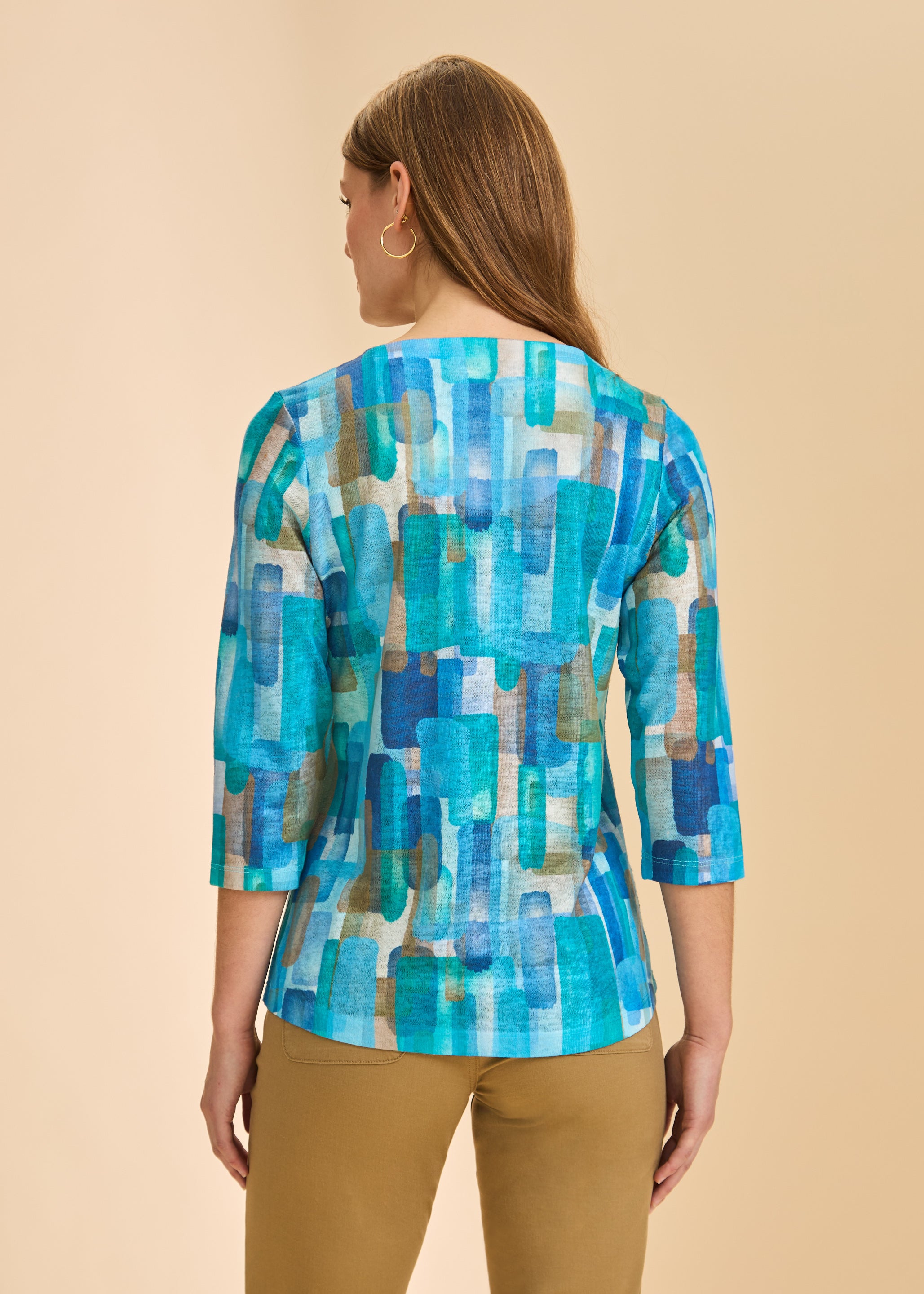 Back view of turquoise block print on 3/4 sleeve top by French Dressing Jeans (FDJ)