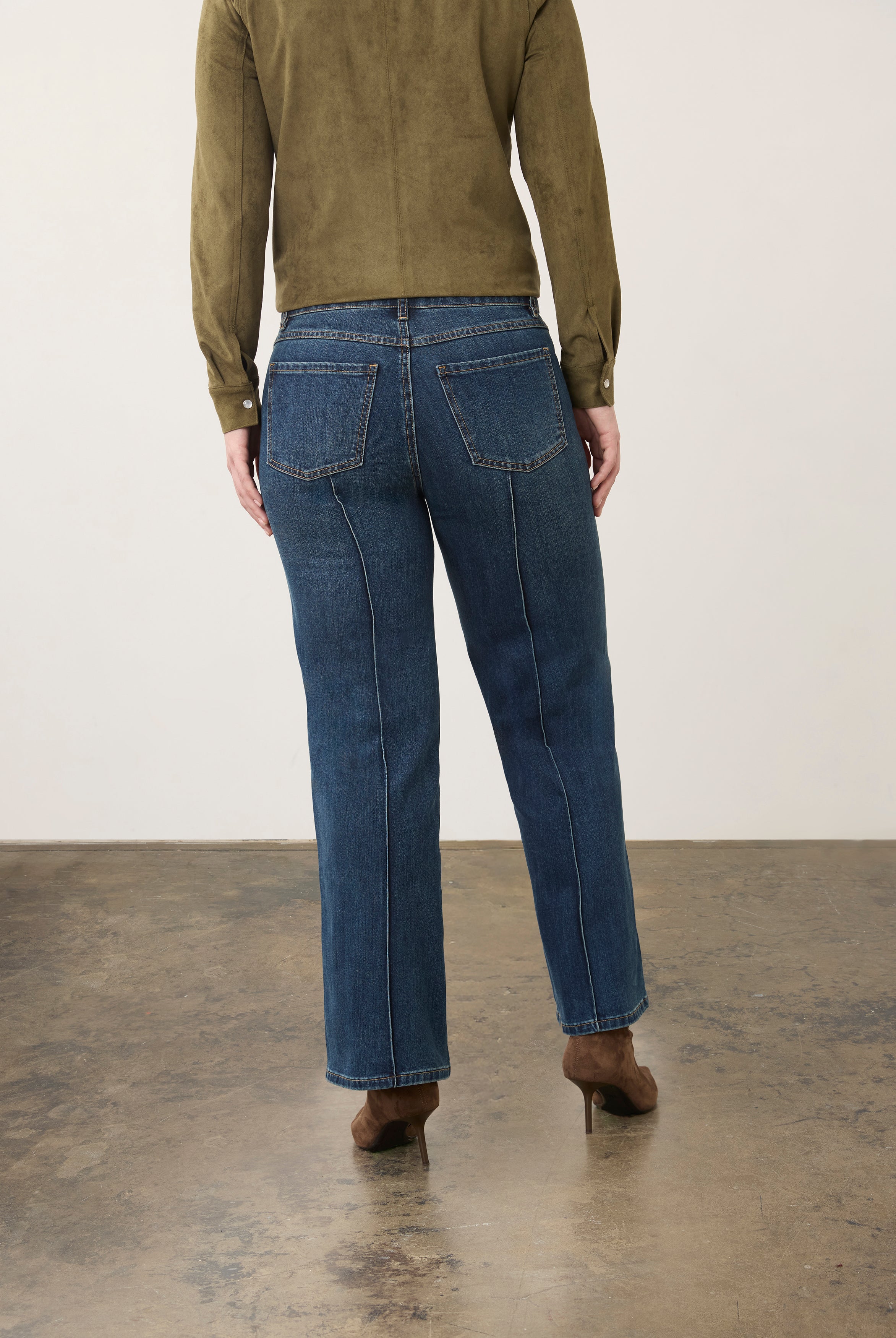 Back view of medium blue wide-leg denim with patch pockets and seam detail by French Dressing Jeans (FDJ)