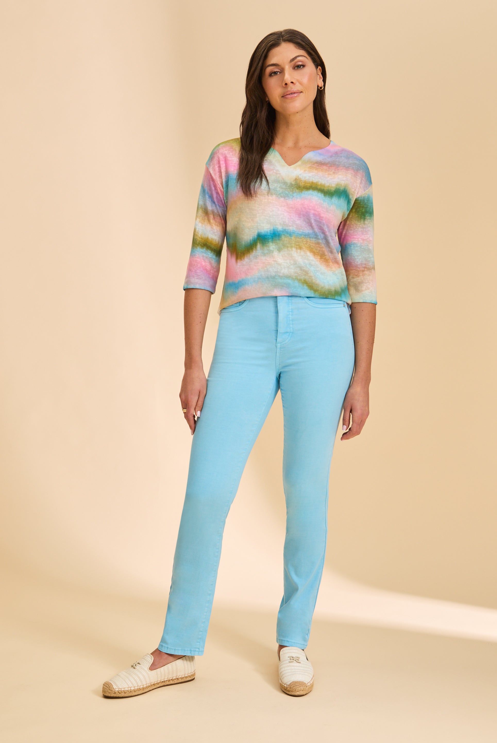 Full-length view of multicolor stripe top with blue jeans by French Dressing Jeans (FDJ)