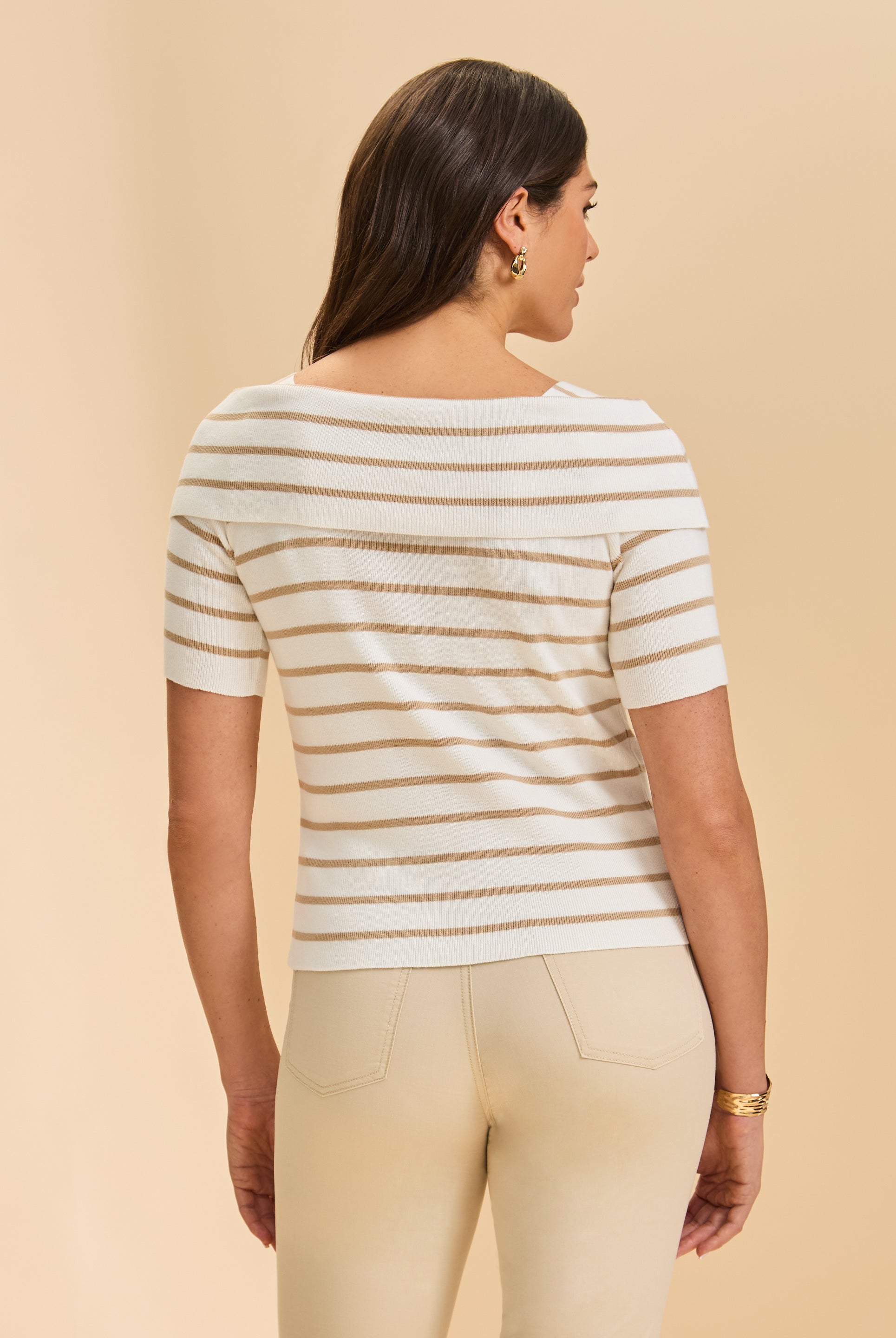 Back view of beige and white boatneck stripe sweater showing seamless design by French Dressing Jeans (FDJ)