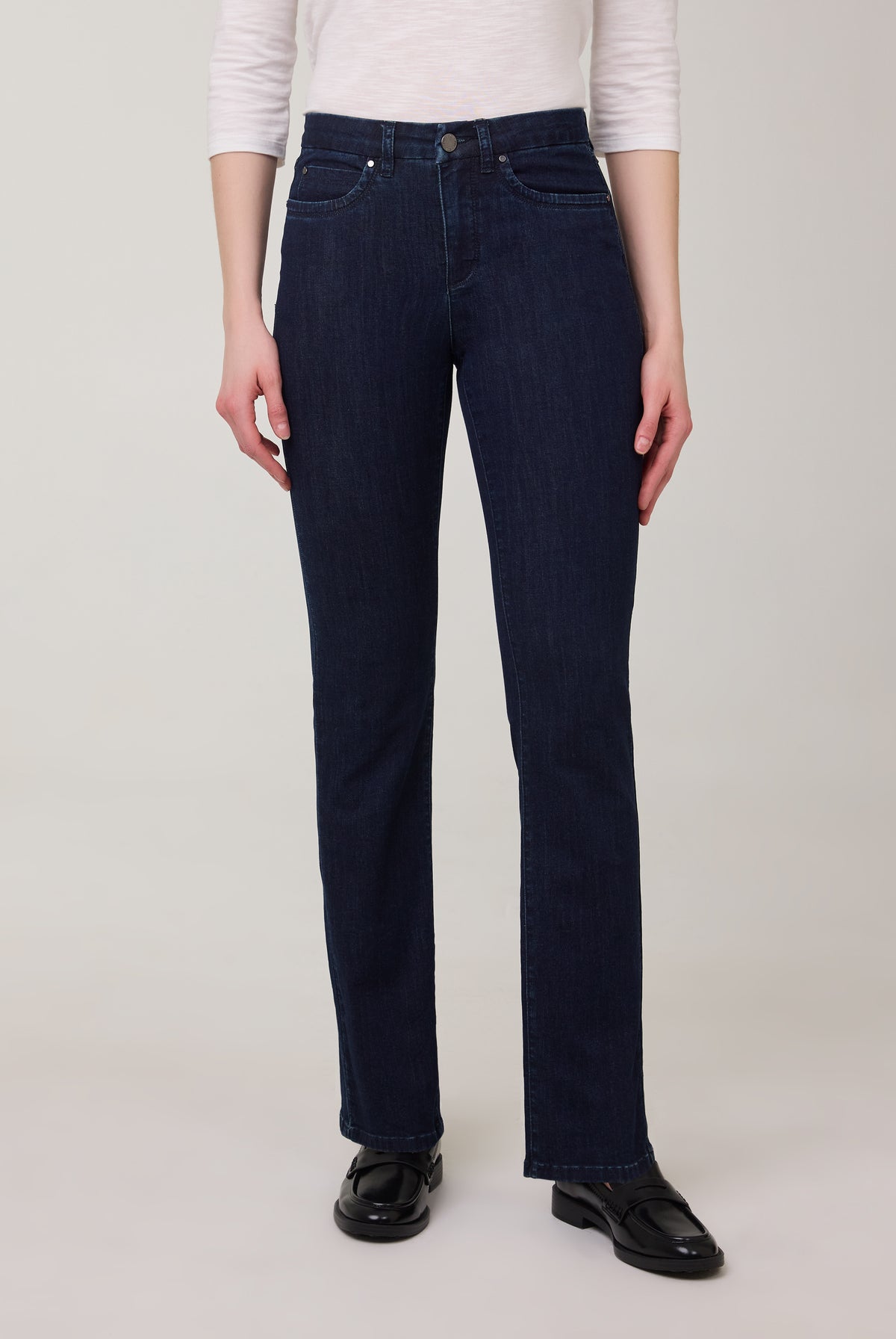 Front view of flared leg jeans in Delight color with high-rise by French Dressing Jeans (FDJ)