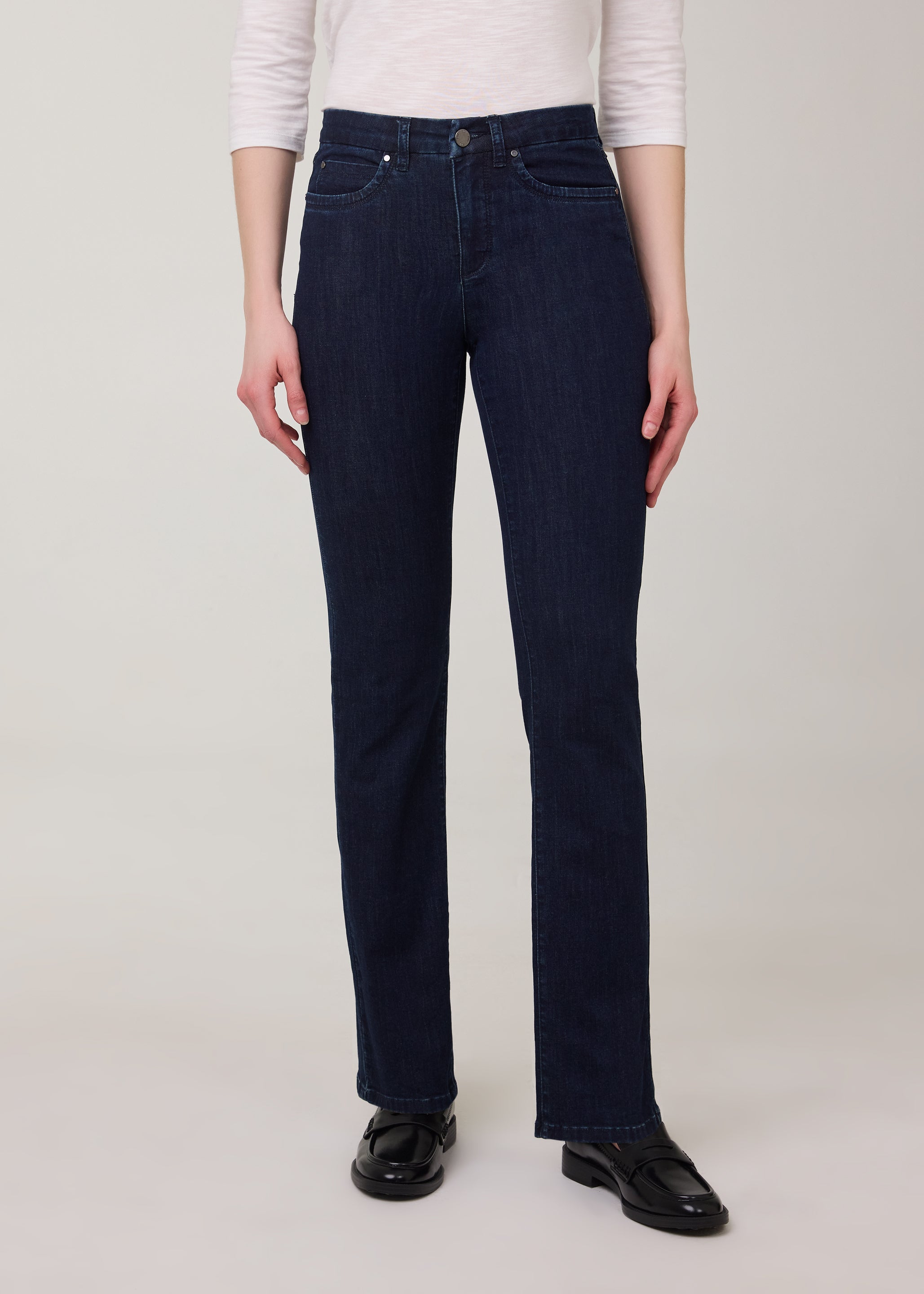 Front view of flared leg jeans in Delight color with high-rise by French Dressing Jeans (FDJ)