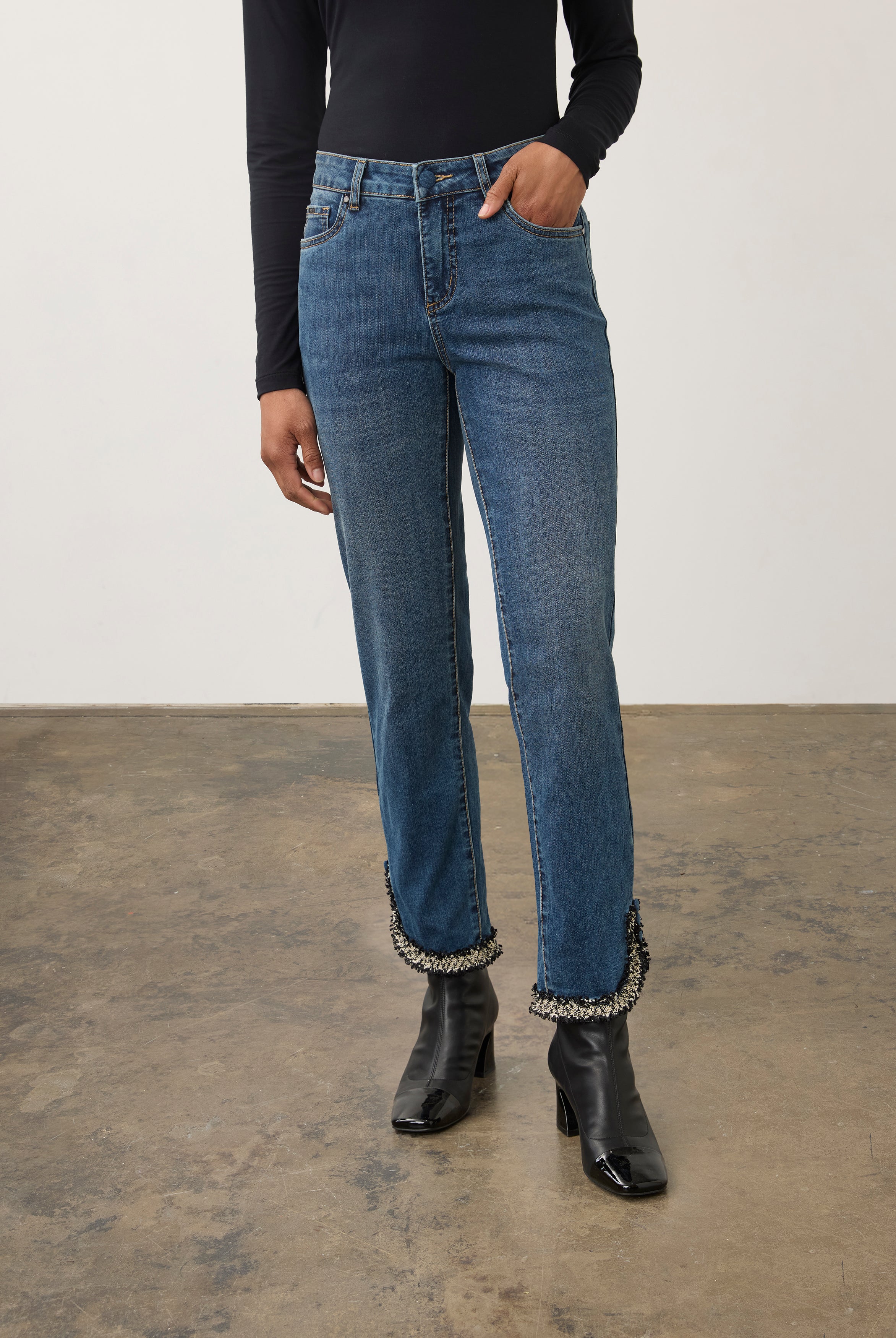 Front view of medium blue Olivia pencil ankle denim featuring mid-rise and front patch pockets by French Dressing Jeans (FDJ)