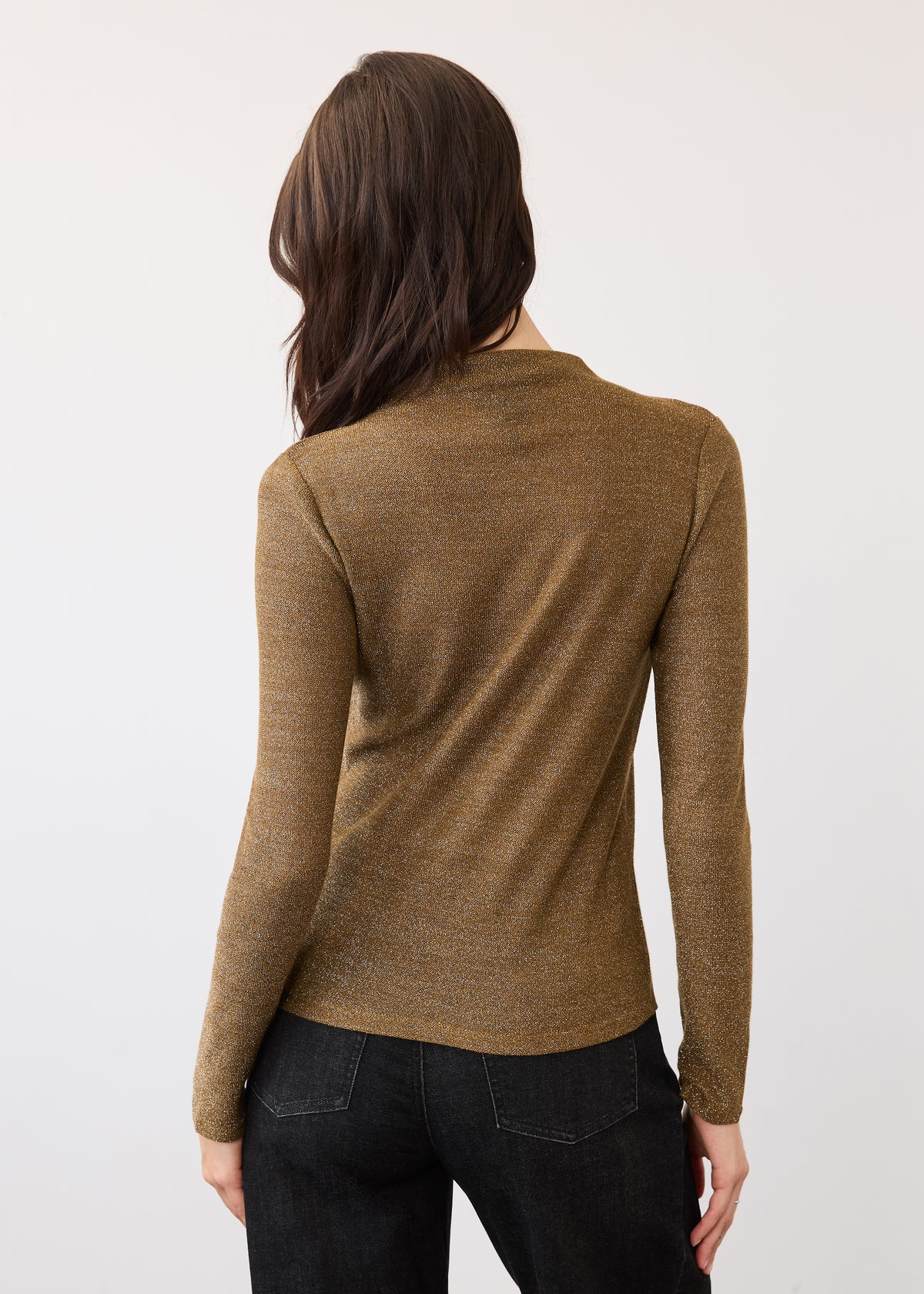 Back view of gold shimmer top showing seamless design and long sleeves by French Dressing Jeans (FDJ)