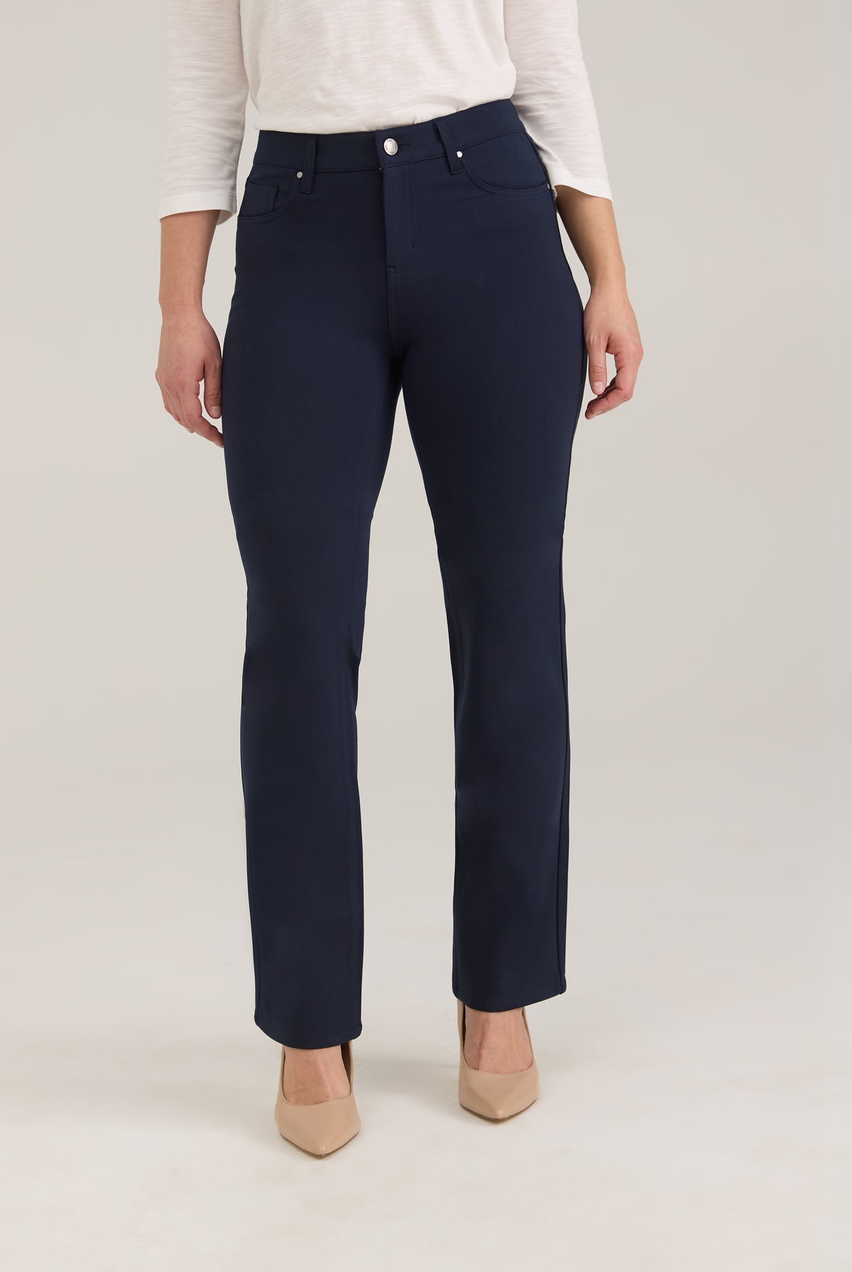 Front view of navy pants with silver button and sleek design by French Dressing Jeans (FDJ)