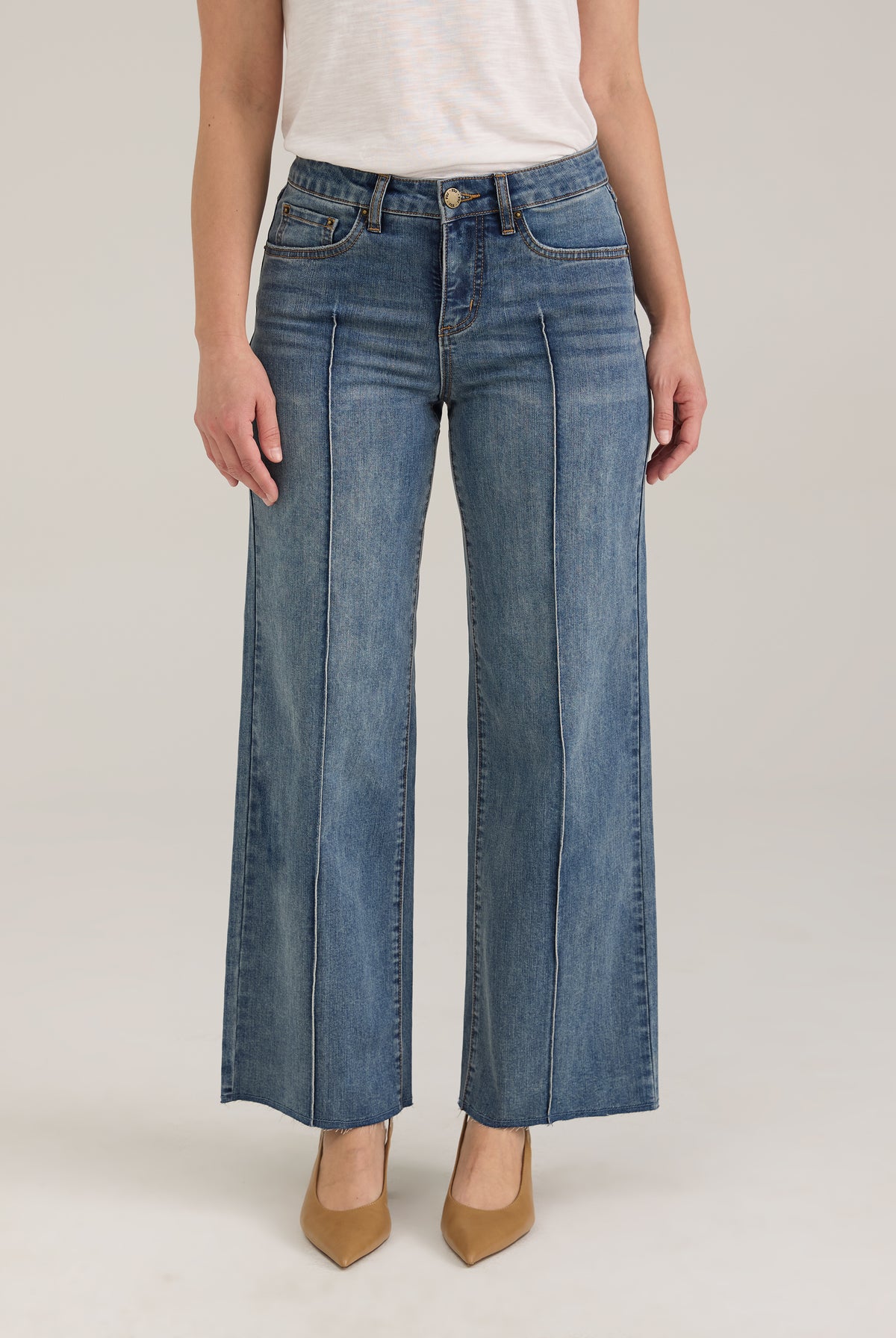 Front view of Olivia wide ankle denim in light wash showing mid-rise waist and wide legs by French Dressing Jeans (FDJ)