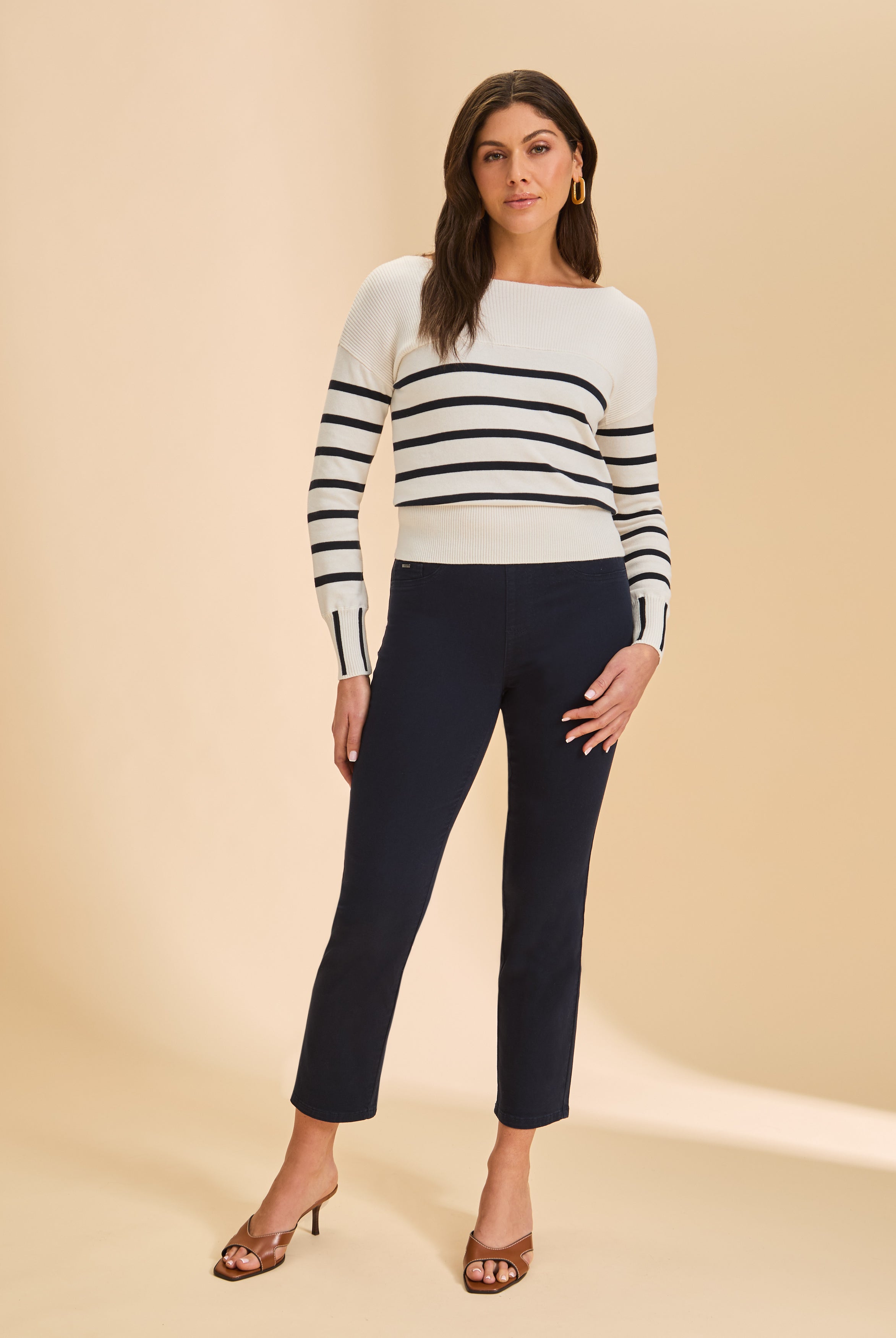 Front view of navy cropped jeans, styled with striped sweater by French Dressing Jeans (FDJ)